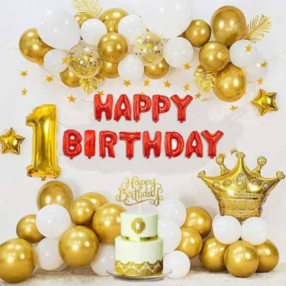     			PartyBooms Happy Birthday Red Foil Decoration item, 1 Gold Number, 1 Crown Foil, 2 Gold Star Foil, 5 Confetti Balloons, 15 Gold, 15 White Balloons (Pack Of 40)