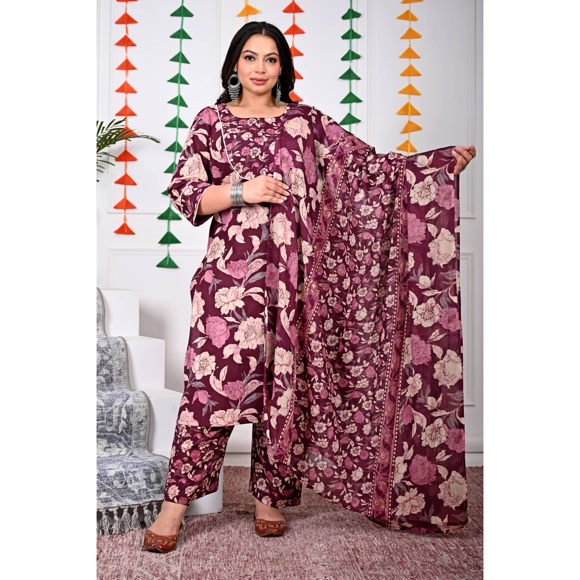 Swasti Cotton Printed Kurti With Palazzo Women's Stitched Salwar Suit - Purple ( Pack of 1 )     			Swasti Cotton Printed Kurti With Palazzo Women's Stitched Salwar Suit - Purple ( Pack of 1 )