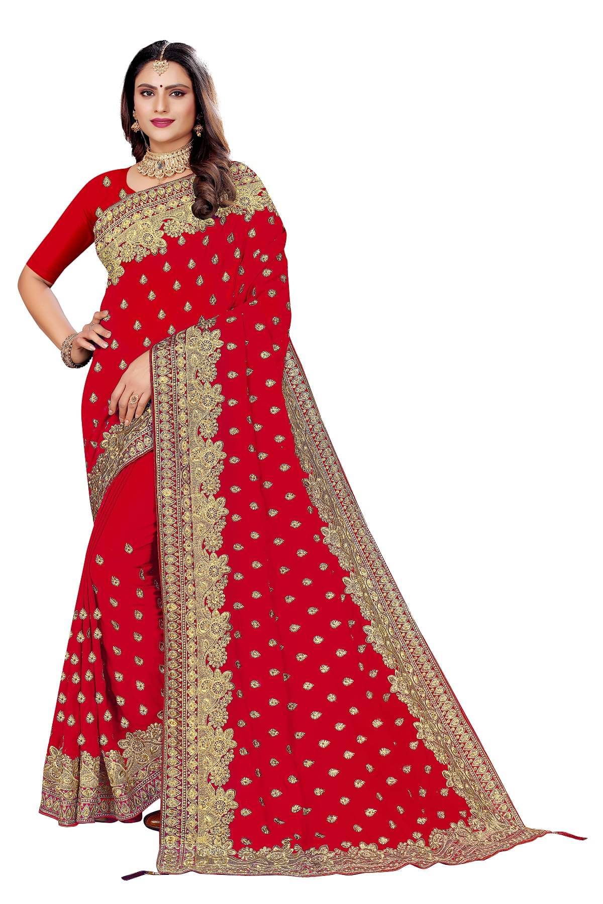     			VEERAIVA Georgette Embroidered Saree With Unstitched Blouse Piece ( Red )