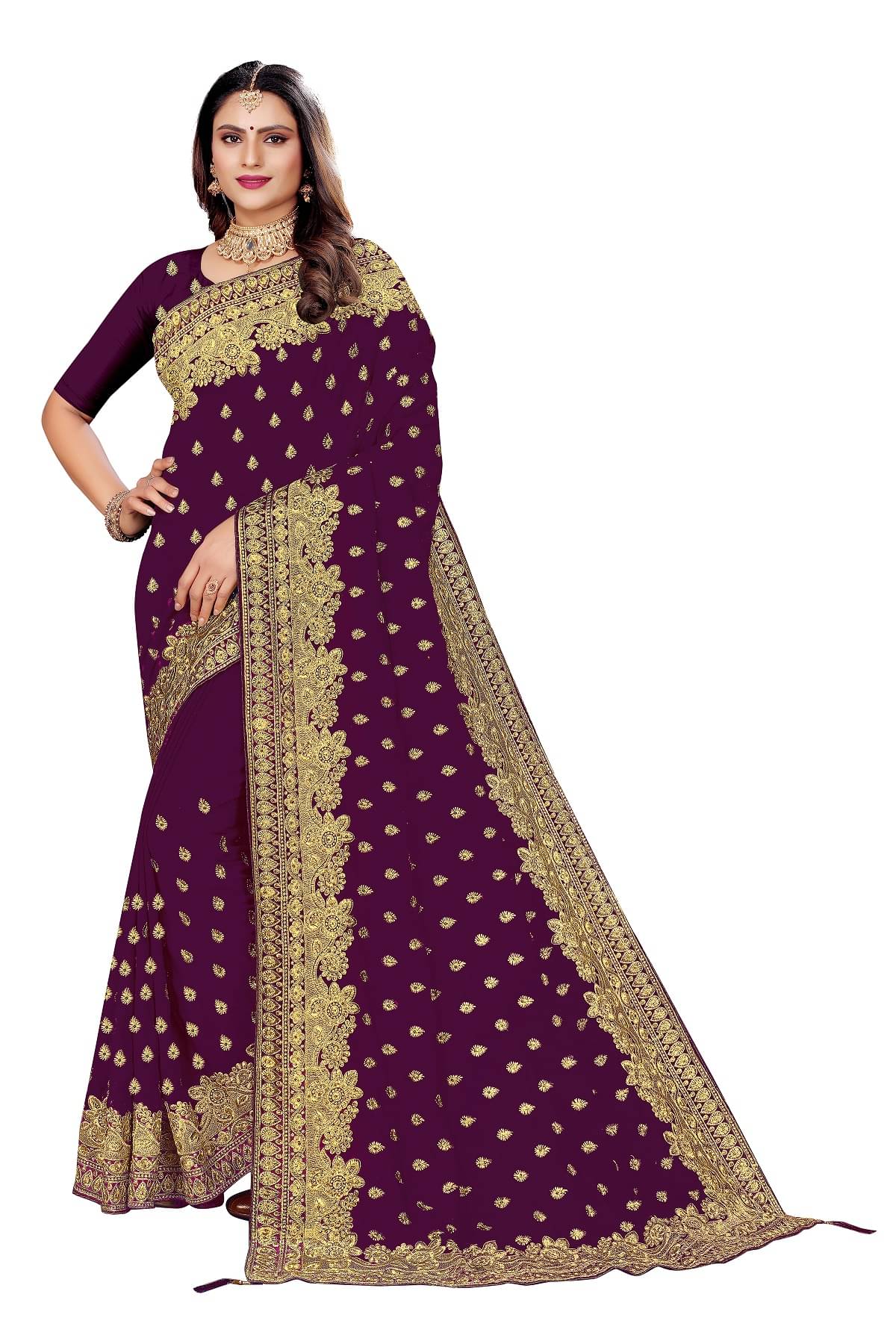 VEERAIVA Georgette Embroidered Saree With Unstitched Blouse Piece ( Magenta ) VEERAIVA Georgette Embroidered Saree With Unstitched Blouse Piece ( Magenta )