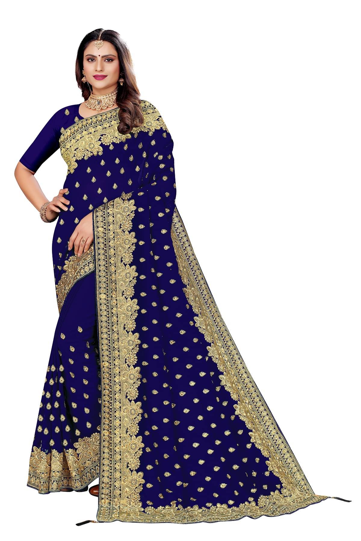 VEERAIVA Georgette Embroidered Saree With Unstitched Blouse Piece ( Blue ) VEERAIVA Georgette Embroidered Saree With Unstitched Blouse Piece ( Blue )