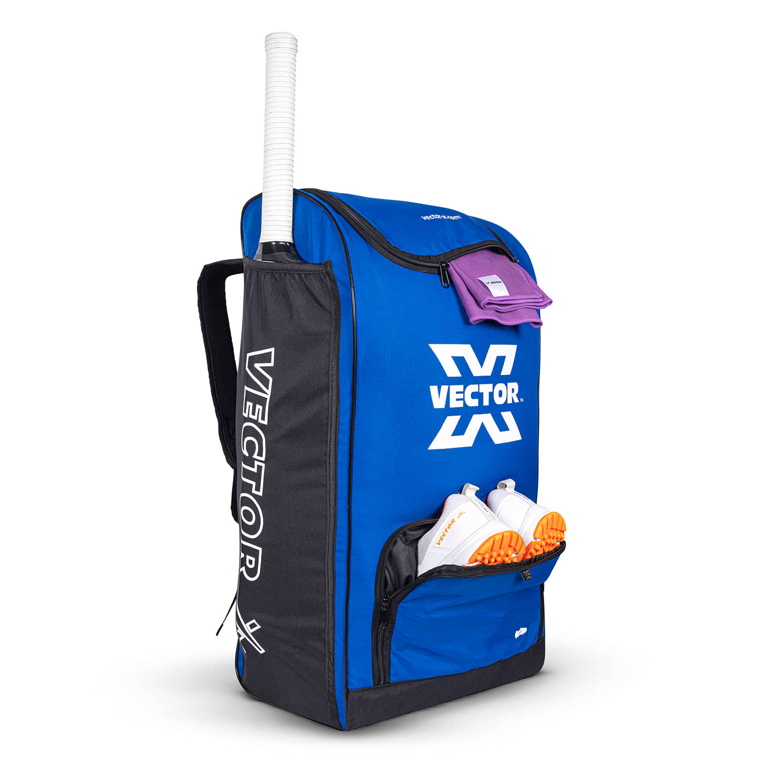 Vector X Greenfield 60 Ltr. PU Polyester Cricket Backpack Senior Kit Bag Without Wheel|1 Pocket for Bat|Shoe & Accessories Pockets |1 Water Bottle Holders|Lightweight |Dual Opening (Blue - Black) - Sports and Fitness Equipment | Buy online on ZillyBuy