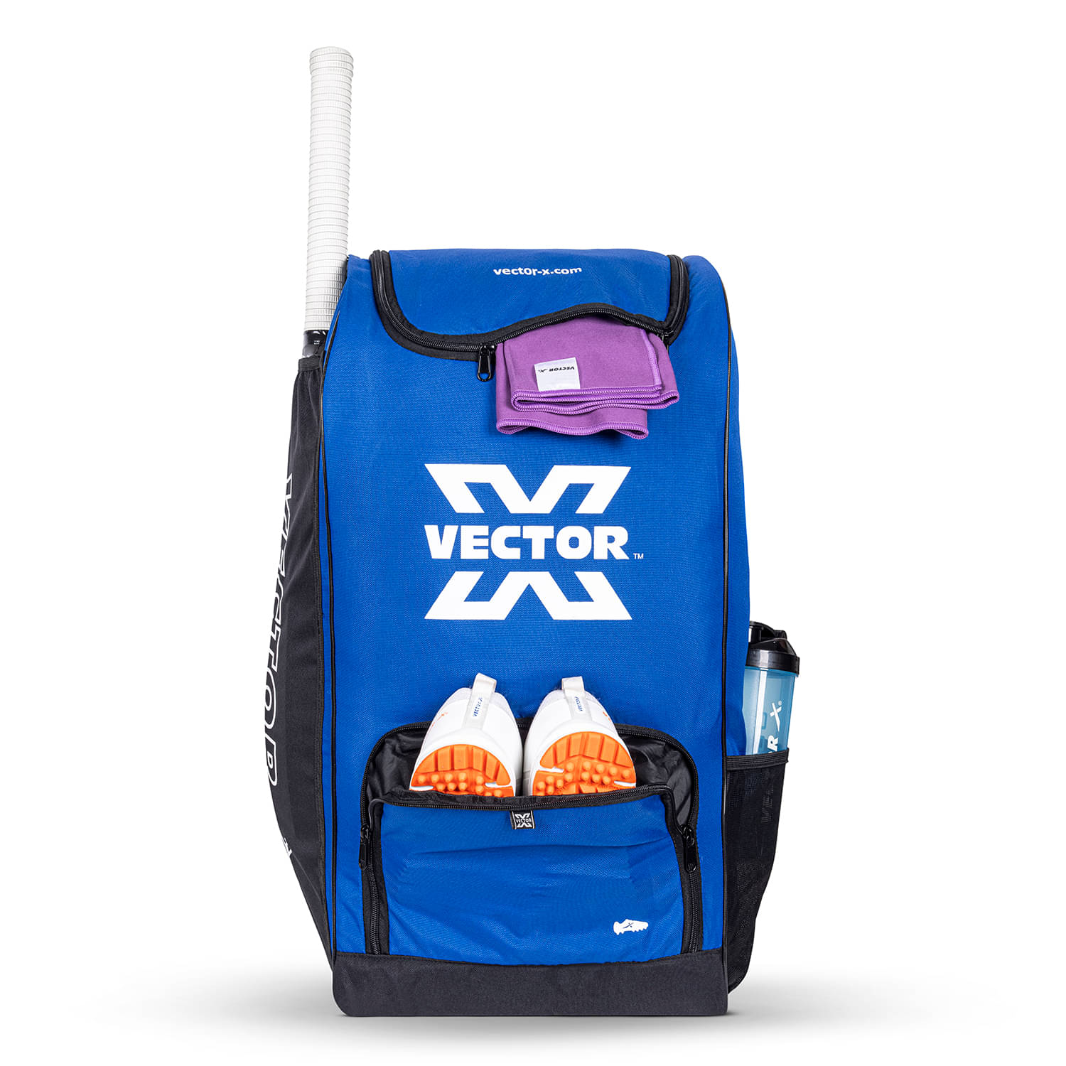     			Vector X Greenfield Pro 60 Ltr. PU Polyester Cricket Backpack Senior Kit With Wheel Trolley Bag|1 Pocket for Bat|Shoe & Accessories Pockets|1 Water Bottle Holders|Lightweight|Dual Opening (Blue-Black)