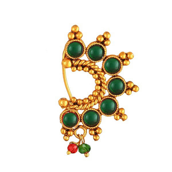     			Vighnaharta Green stone Pearls (Moti )Maharashtrian Cultural Nath Nathiya./ Nose Pin for women[VFJ1033NTH-Press-Green]