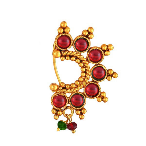     			Vighnaharta Red stone Pearls (Moti )Maharashtrian Cultural Nath Nathiya./ Nose Pin for women[VFJ1033NTH-Press-Red]
