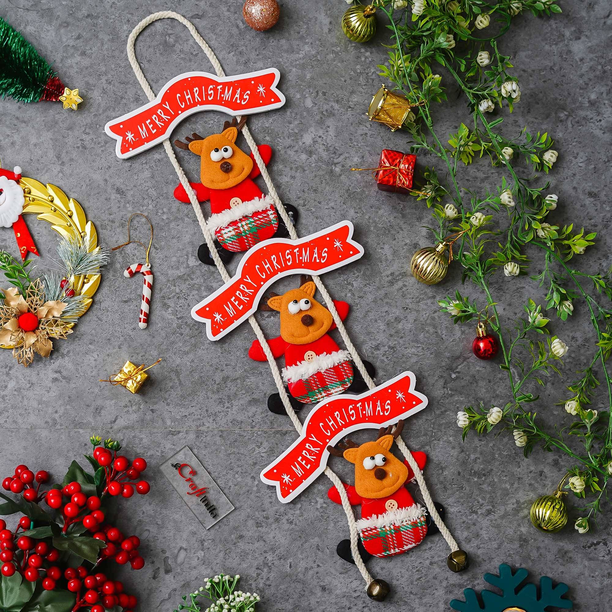     			eCraftIndia Red Reindeer Climbing on Rope Merry Christmas Wall Hanging