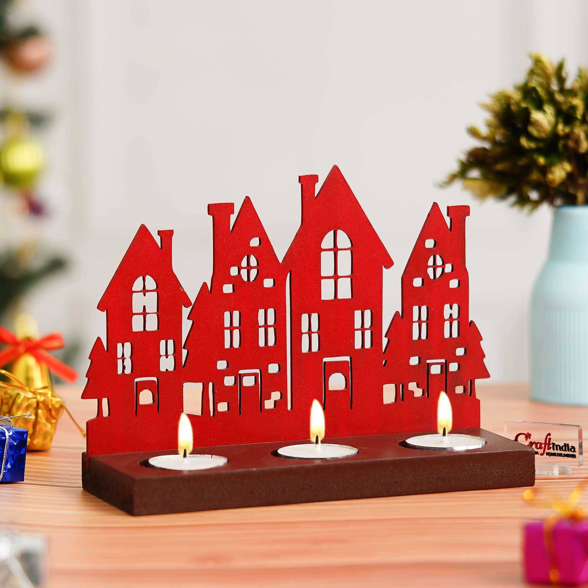 eCraftIndia Red & Brown Merry Christmas Tower Wooden Tea Light Candle Holders     			eCraftIndia Red & Brown Merry Christmas Tower Wooden Tea Light Candle Holders