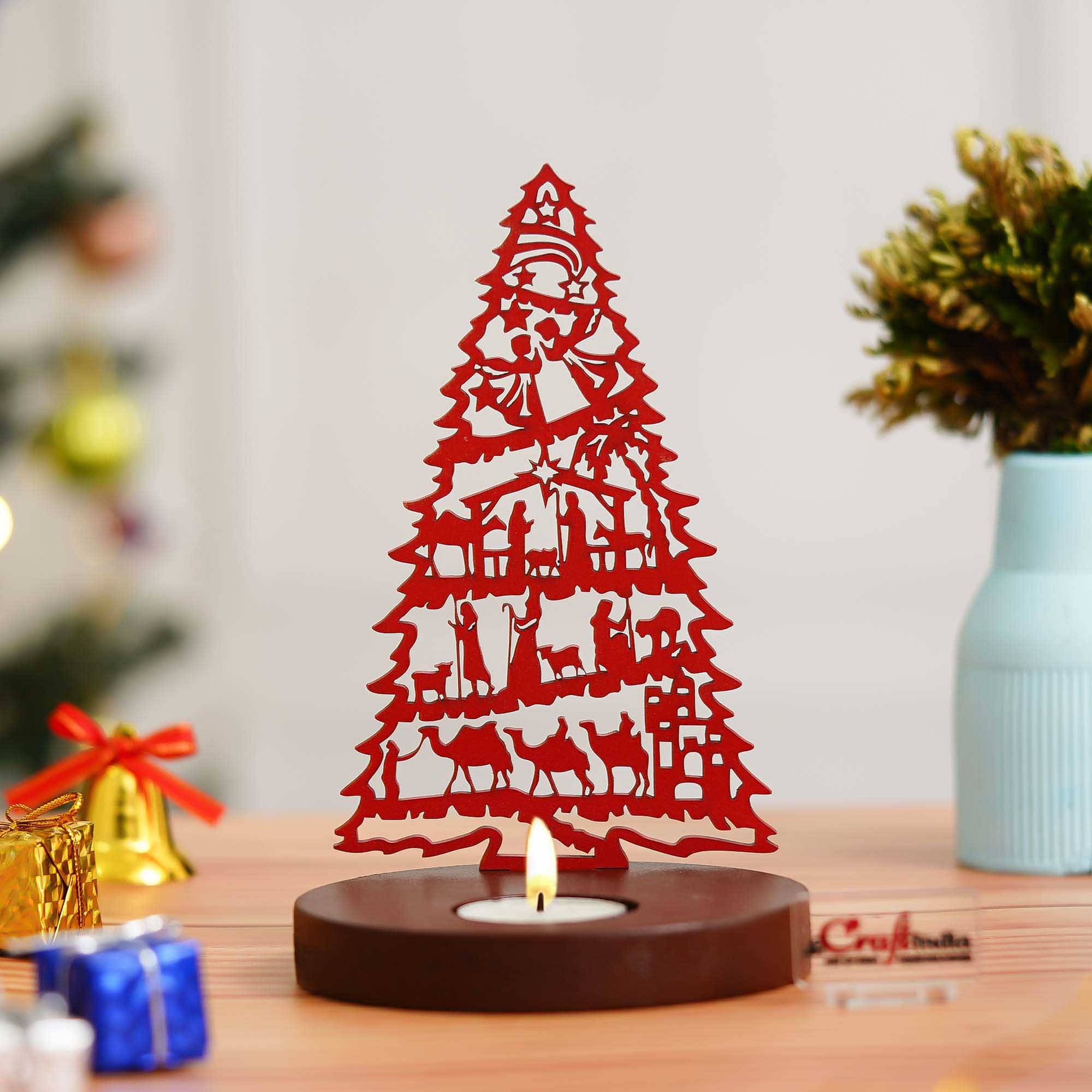 eCraftIndia Red & Brown Jesus Nativity Scene Christmas Tree Wooden Tea Light Candle Holder eCraftIndia Red & Brown Jesus Nativity Scene Christmas Tree Wooden Tea Light Candle Holder