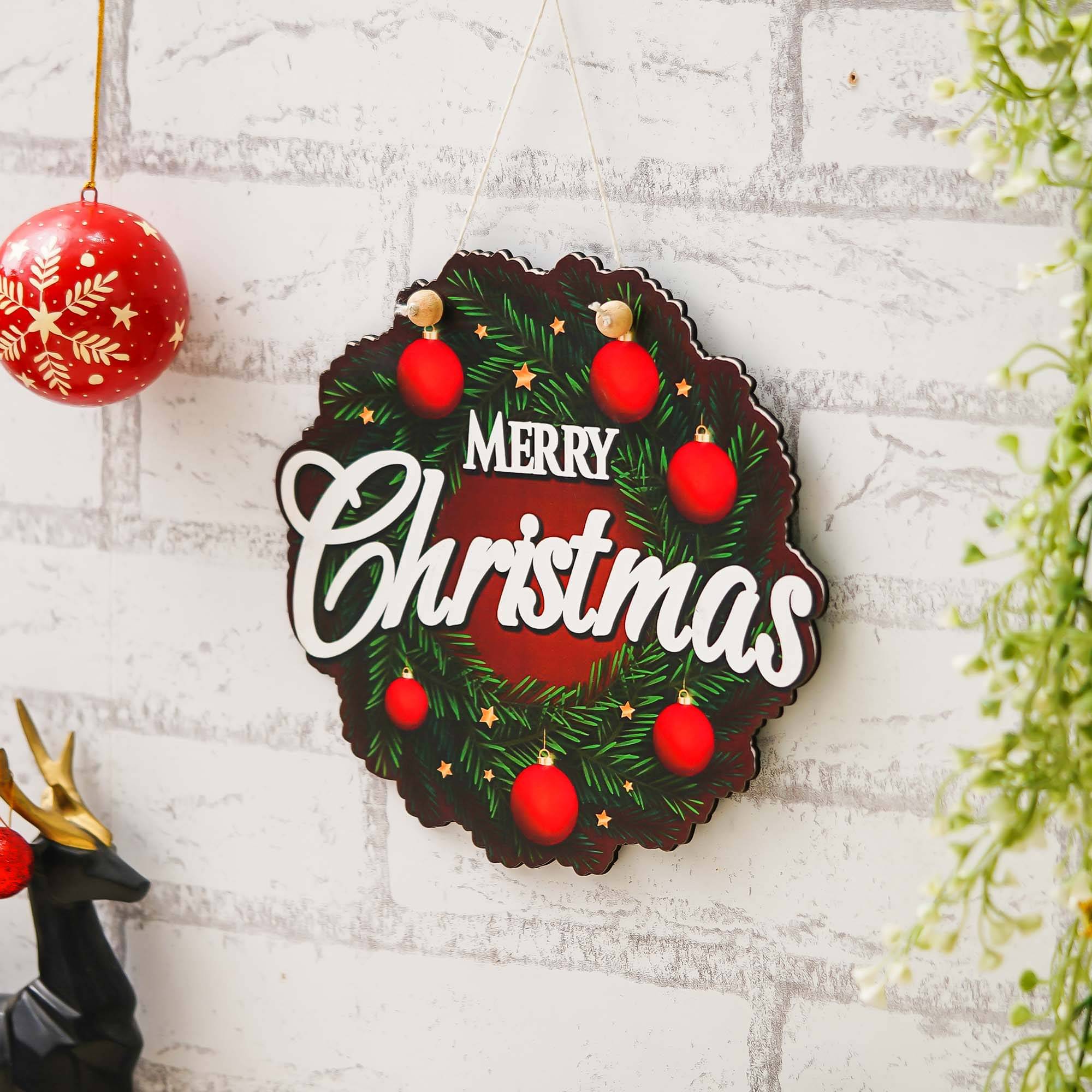     			eCraftIndia Green & Red Embellished Wooden Christmas Hanging Wreath
