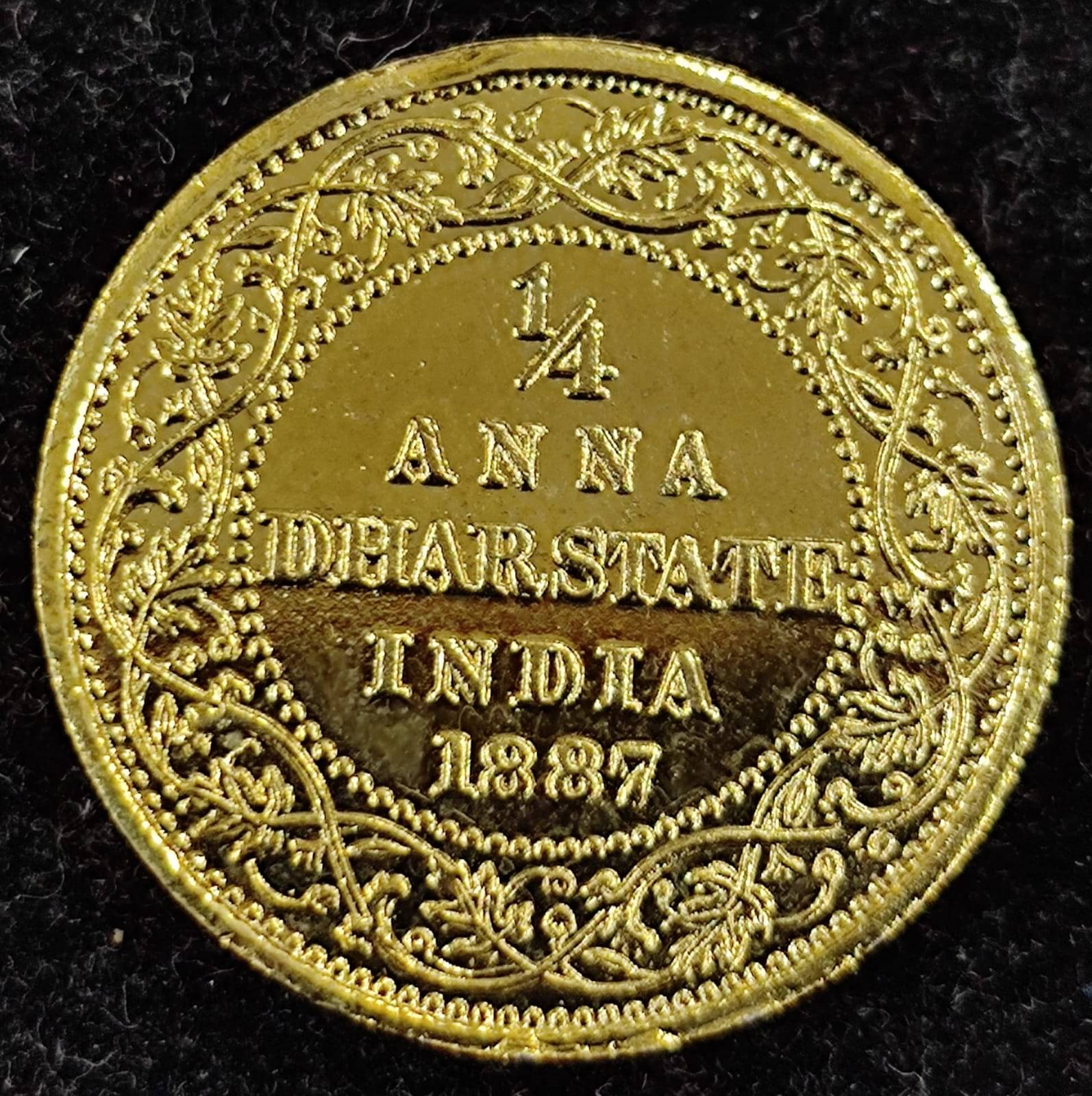 1/4 ANNA  DHAR STATE GOLD PLATED 1887 EXTREMELY RARE COIN     			1/4 ANNA  DHAR STATE GOLD PLATED 1887 EXTREMELY RARE COIN