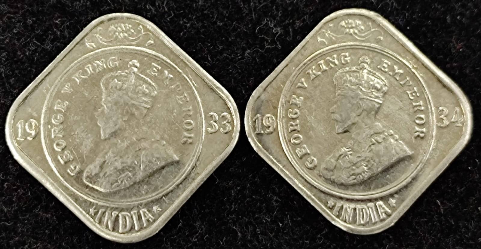1933-1934 TWO ANNA RARE DATES BRITISH INDIA (2 PCS SET) GEORGE V     			1933-1934 TWO ANNA RARE DATES BRITISH INDIA (2 PCS SET) GEORGE V