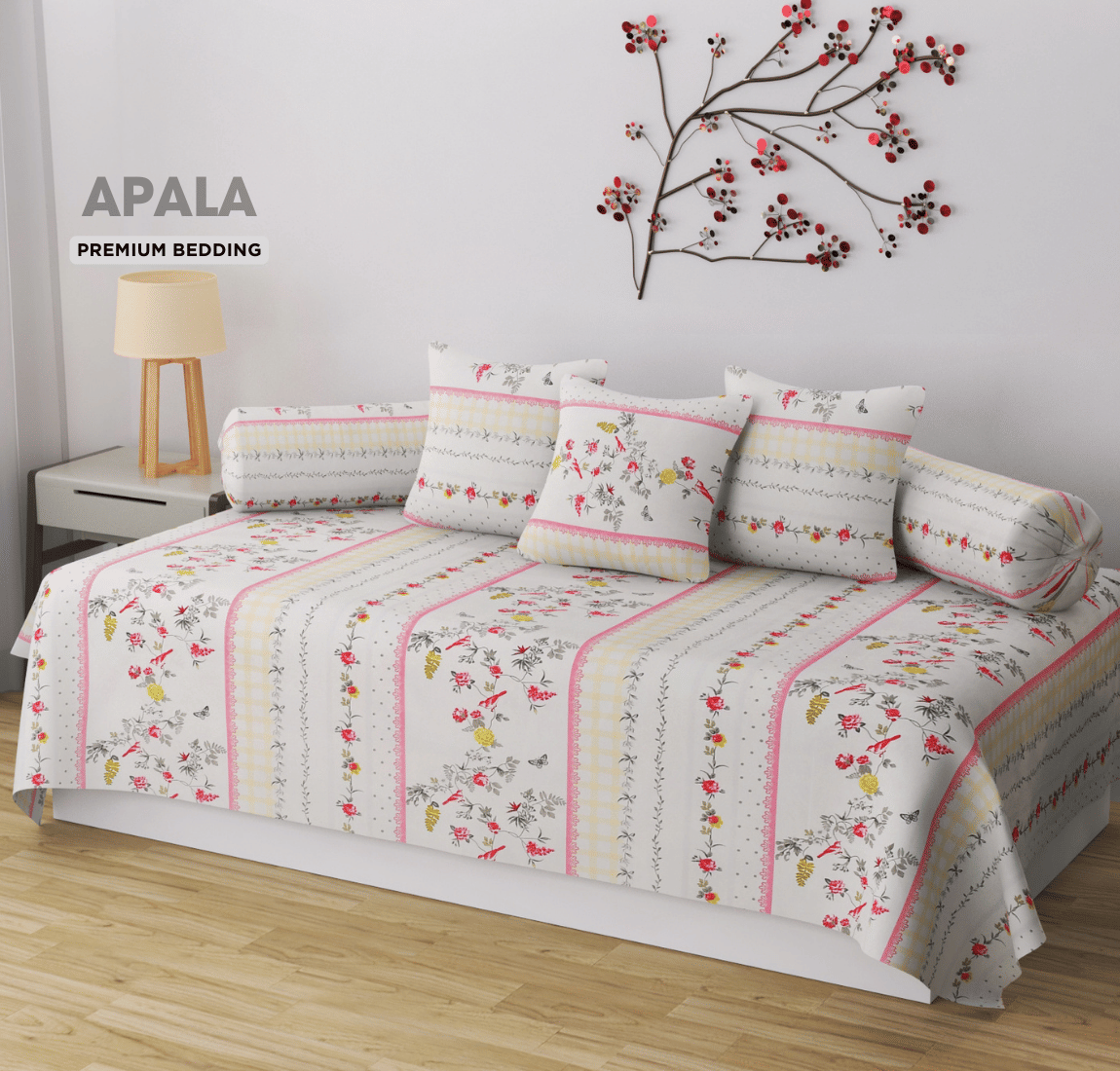 Apala Microfibre Floral Diwan Set 6 Pcs - Off White Apala Microfibre Floral Diwan Set 6 Pcs - Off White