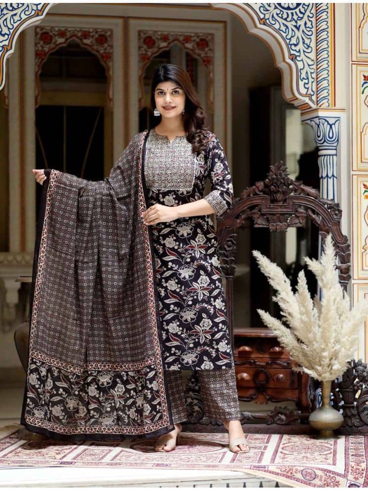 Doriyaan Cotton Embroidered Kurti With Palazzo Women's Stitched Salwar Suit - Multicoloured ( Pack of 1 )