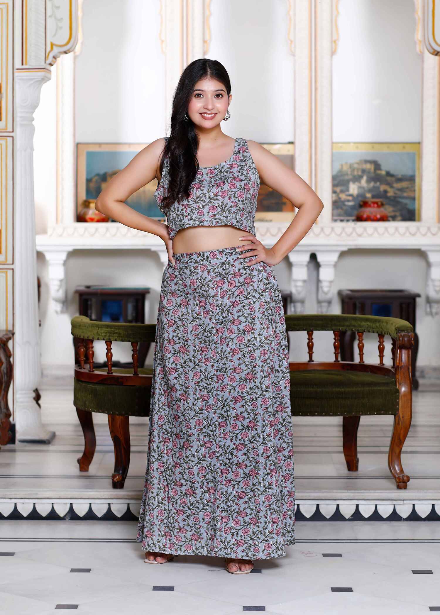     			Doriyaan Women Printed Top With Skirt Co-Ord Set ( Grey )