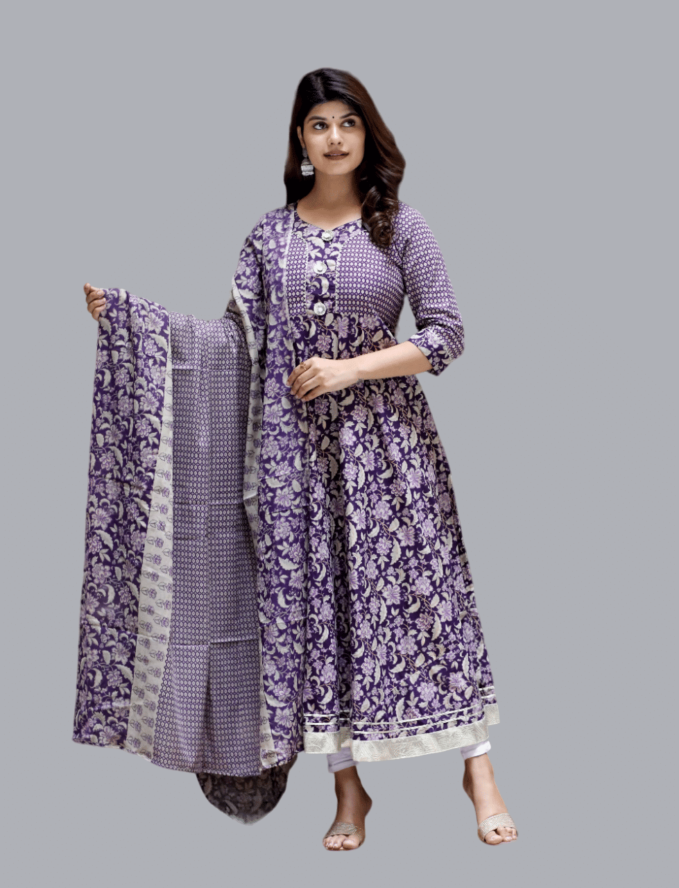     			Doriyaan Pack of 1 Cotton Printed Anarkali Women's Kurti - ( Purple )
