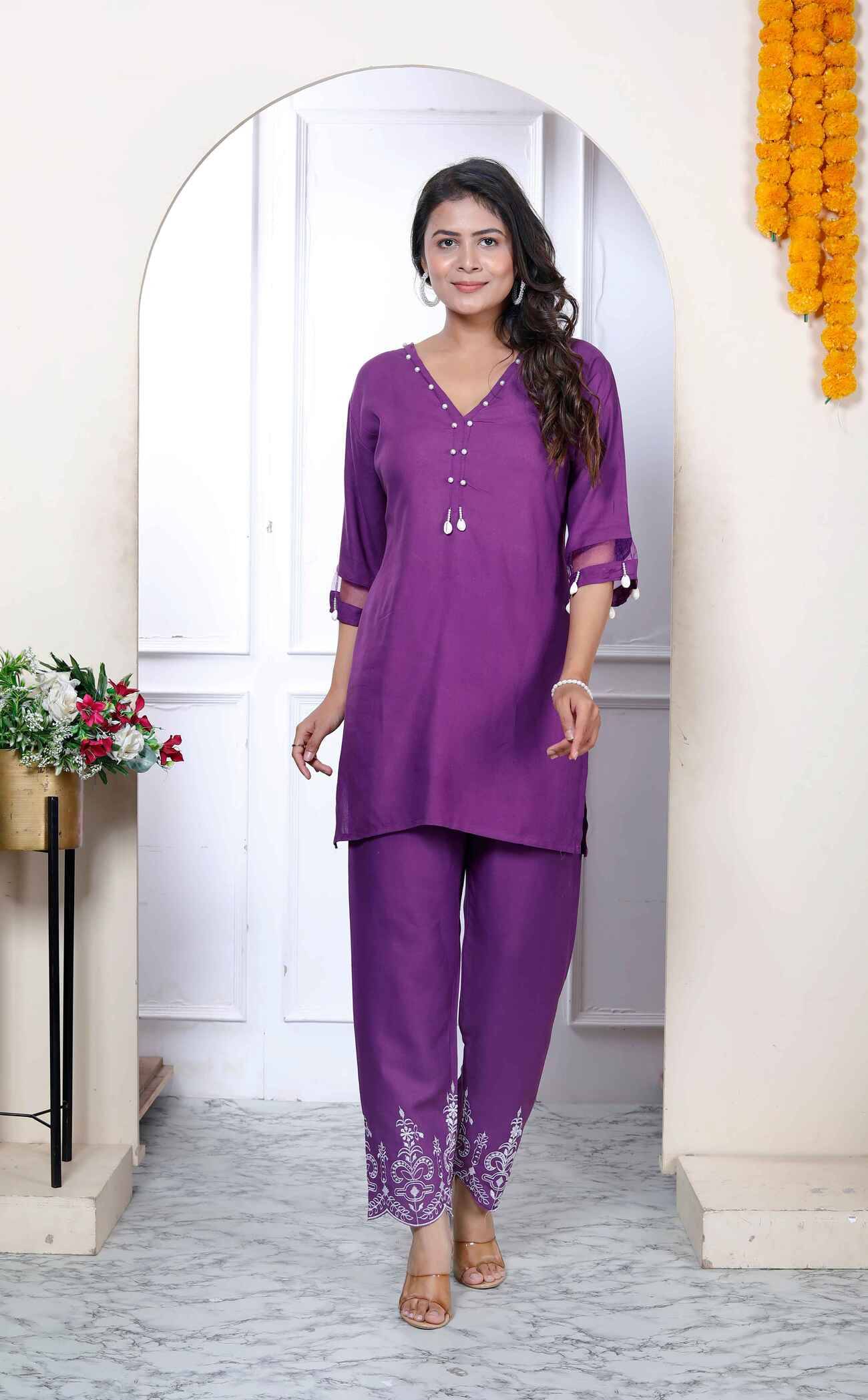 Doriyaan Rayon Embellished Kurti With Pants Women's Stitched Salwar Suit - Purple ( Pack of 1 ) Doriyaan Rayon Embellished Kurti With Pants Women's Stitched Salwar Suit - Purple ( Pack of 1 )