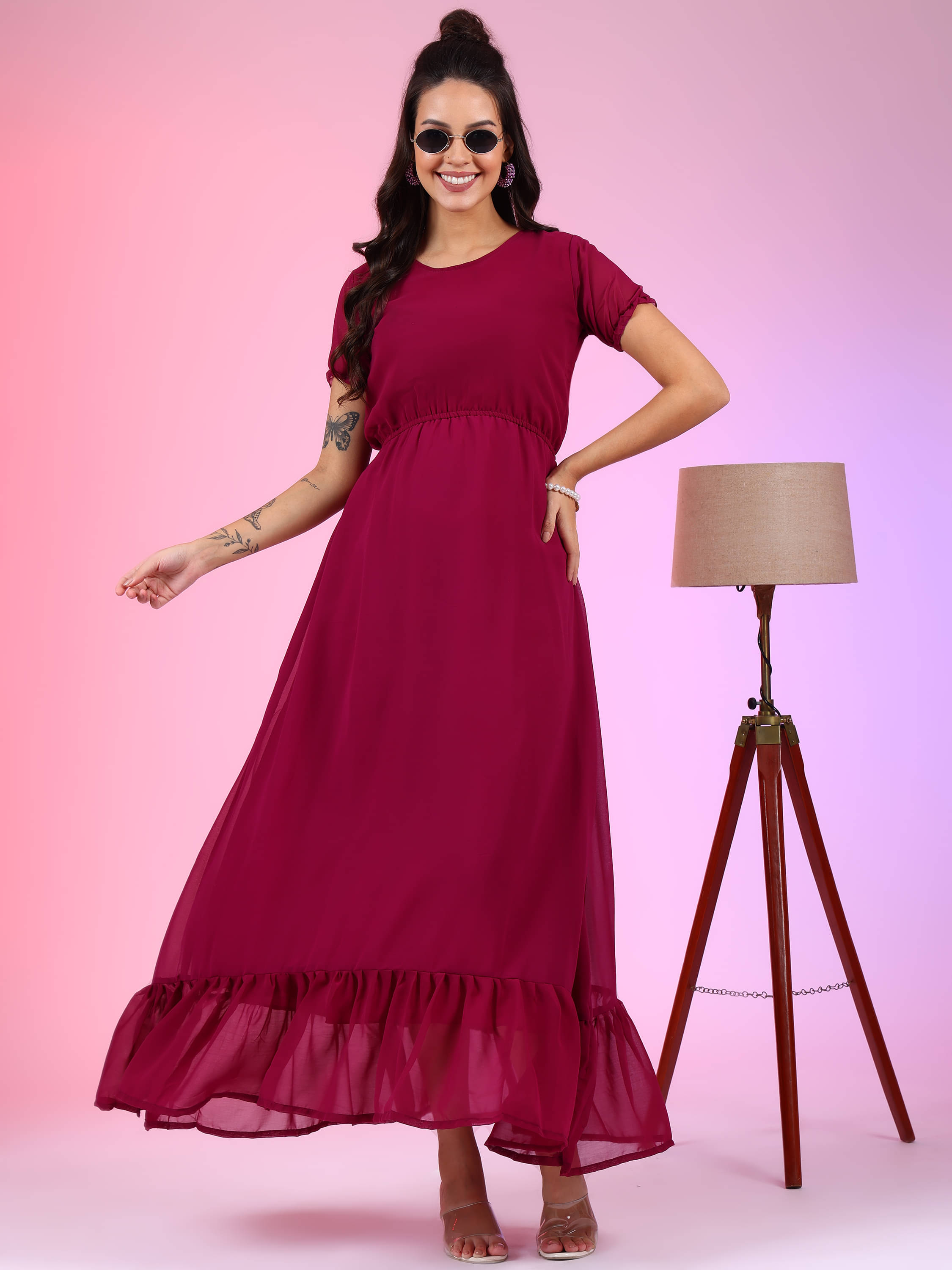     			Femvy Women Georgette Solid Fit & Flare Dress ( Wine )