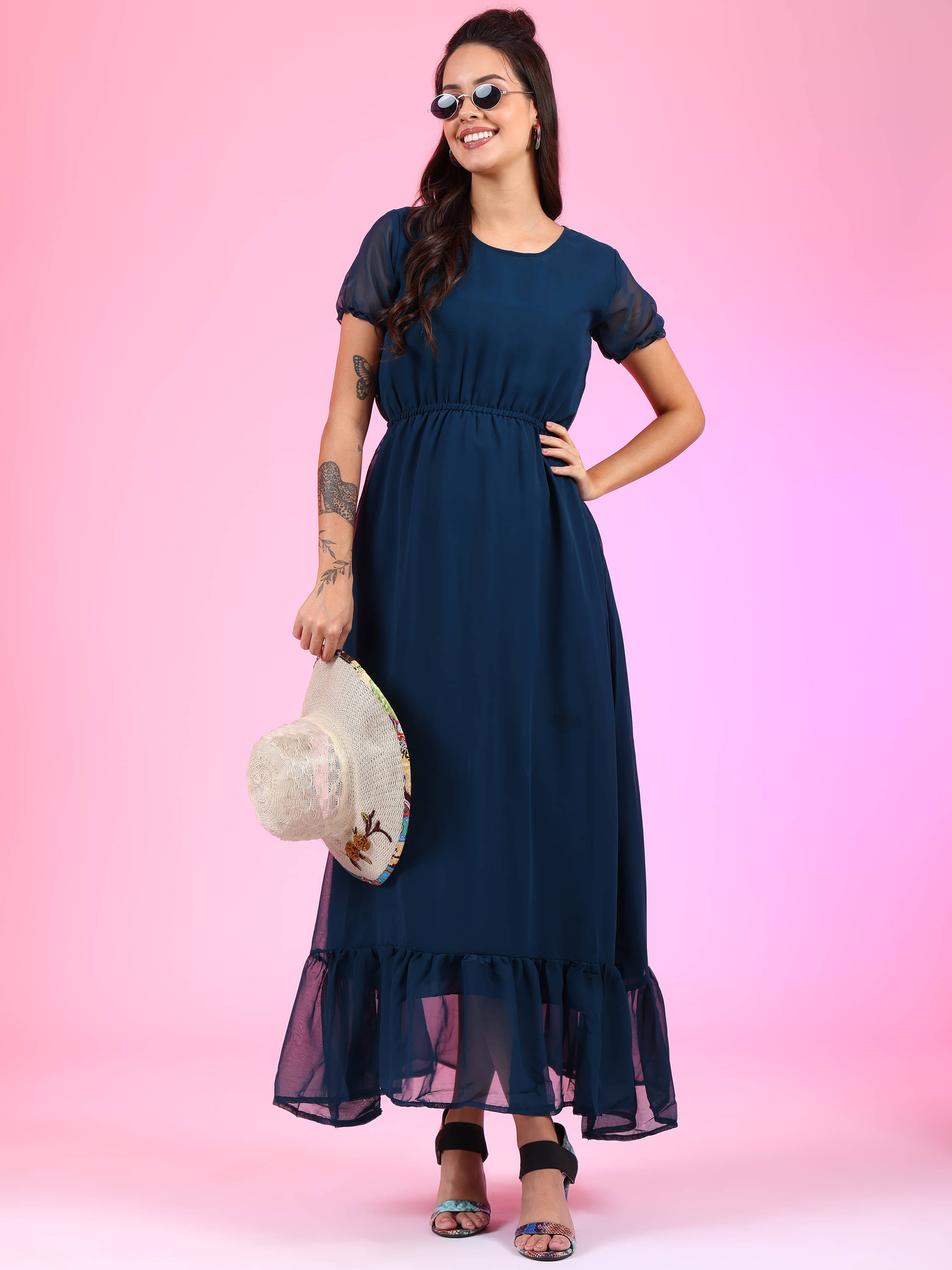 Femvy Women Georgette Solid Fit & Flare Dress ( Blue )     			Femvy Women Georgette Solid Fit & Flare Dress ( Blue )