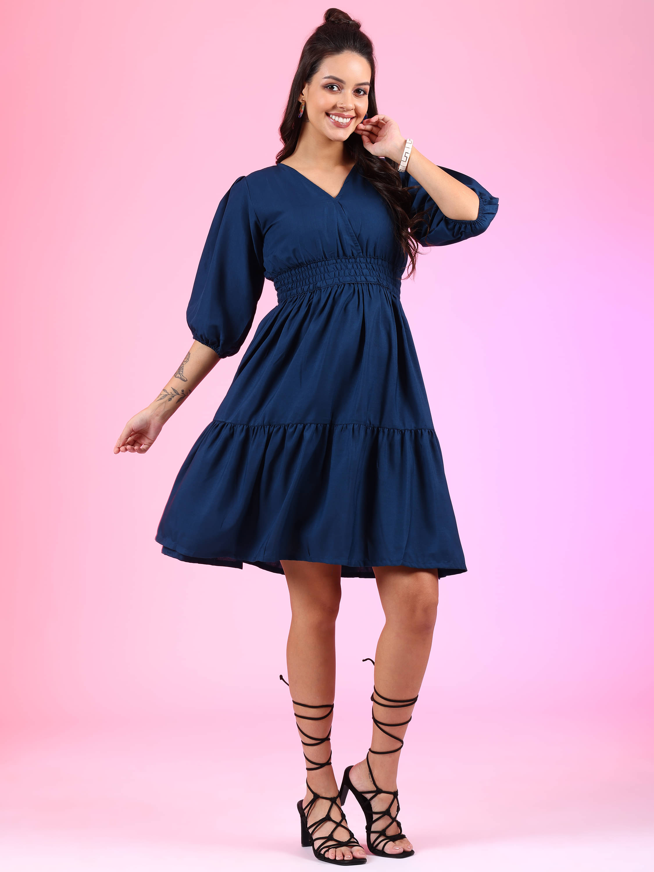     			Femvy Women Polyester Printed Fit & Flare Dress ( Blue )