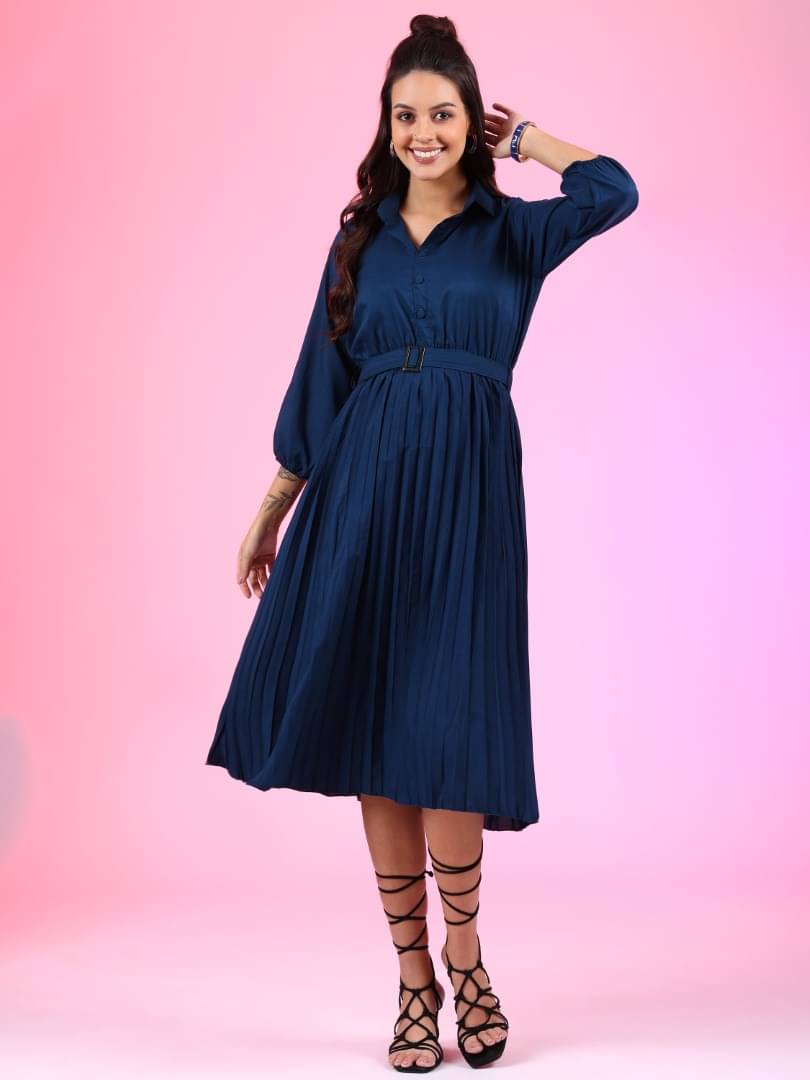 Femvy Women Polyester Solid Fit & Flare Dress ( Blue ) Femvy Women Polyester Solid Fit & Flare Dress ( Blue )