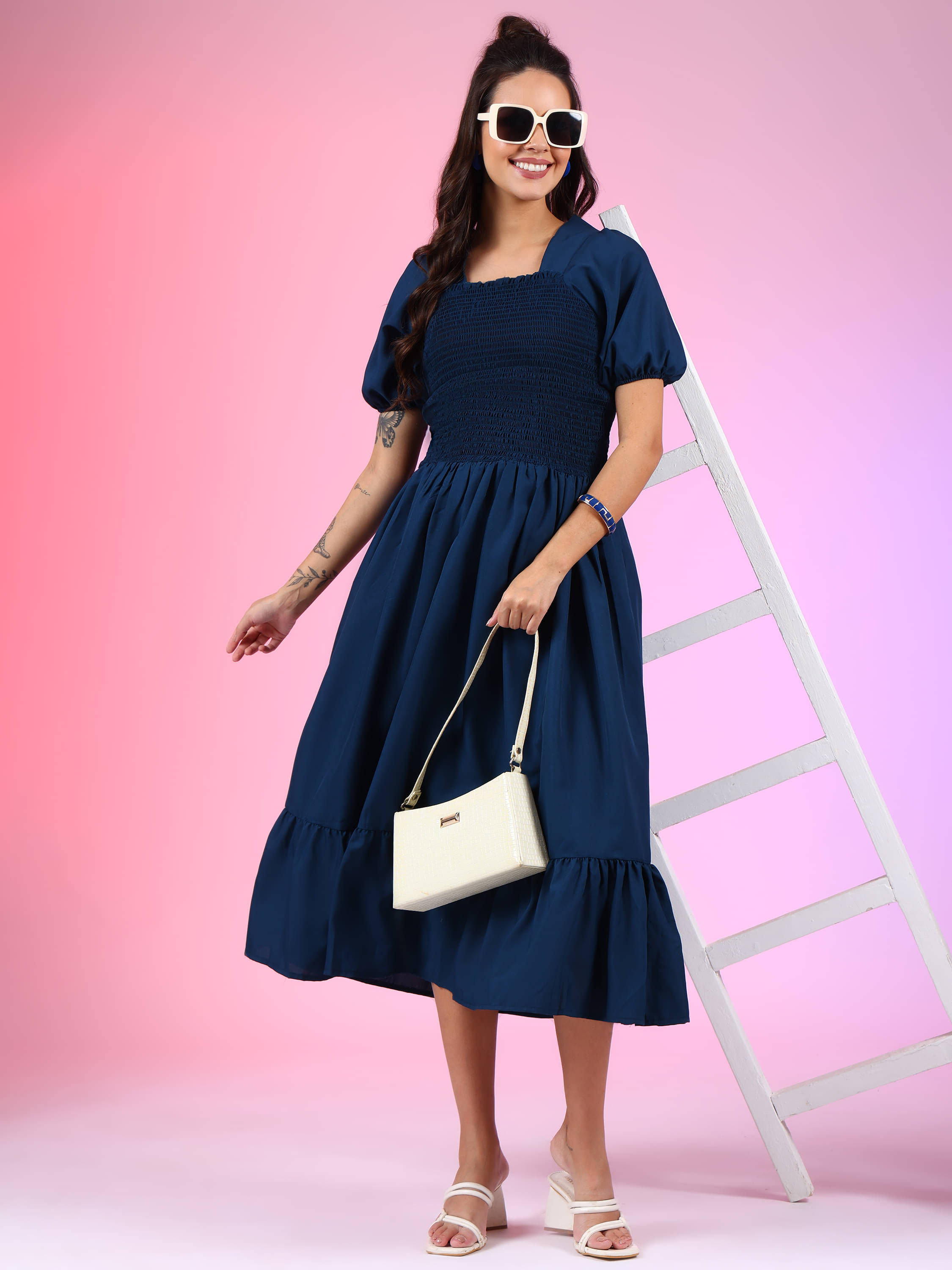 Femvy Women Polyester Solid Fit & Flare Dress ( Blue ) Femvy Women Polyester Solid Fit & Flare Dress ( Blue )