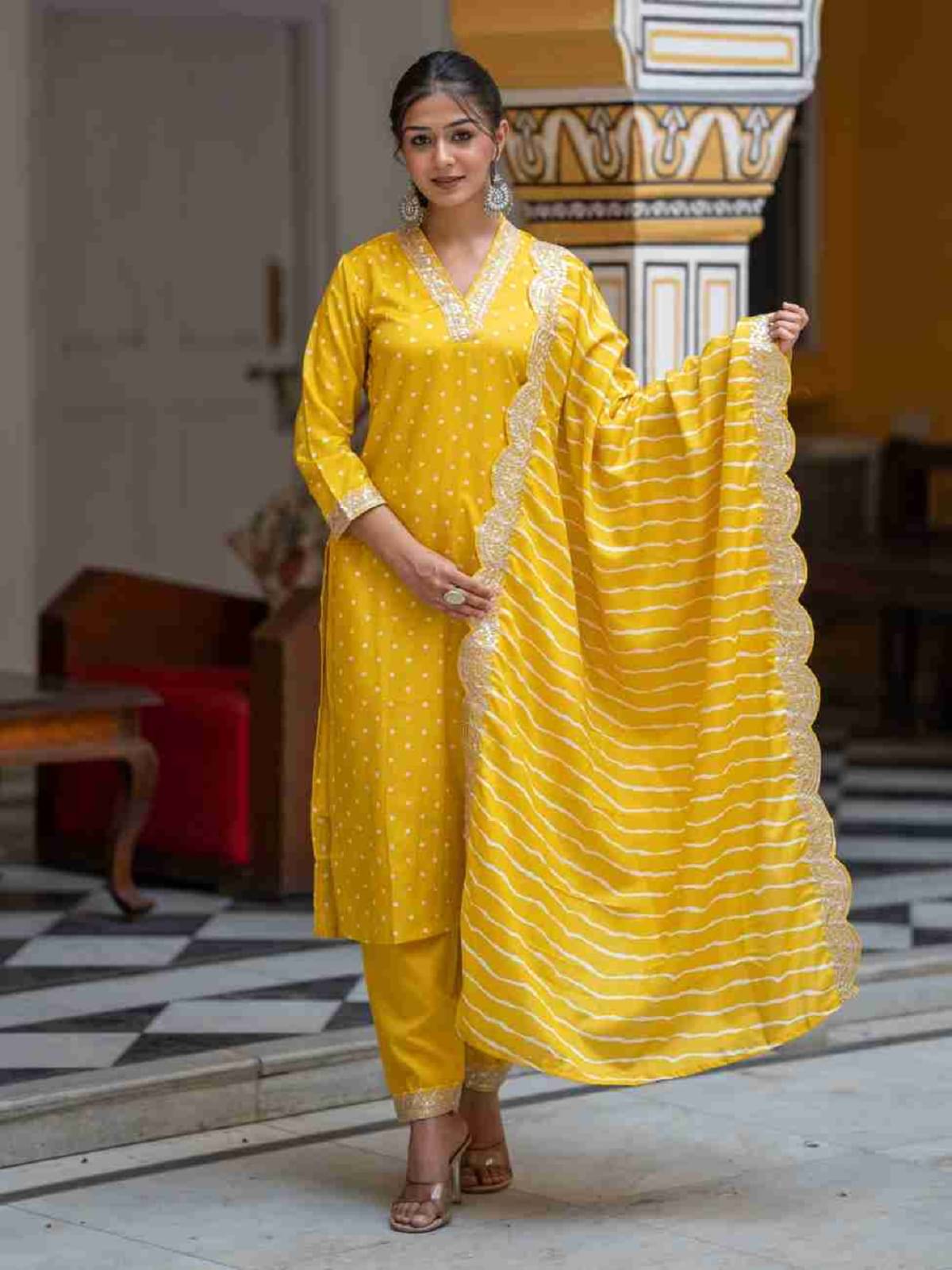 Gazal Fashions Silk Blend Embroidered Kurti With Pants Women's Stitched Salwar Suit - Yellow ( Pack of 1 )     			Gazal Fashions Silk Blend Embroidered Kurti With Pants Women's Stitched Salwar Suit - Yellow ( Pack of 1 )