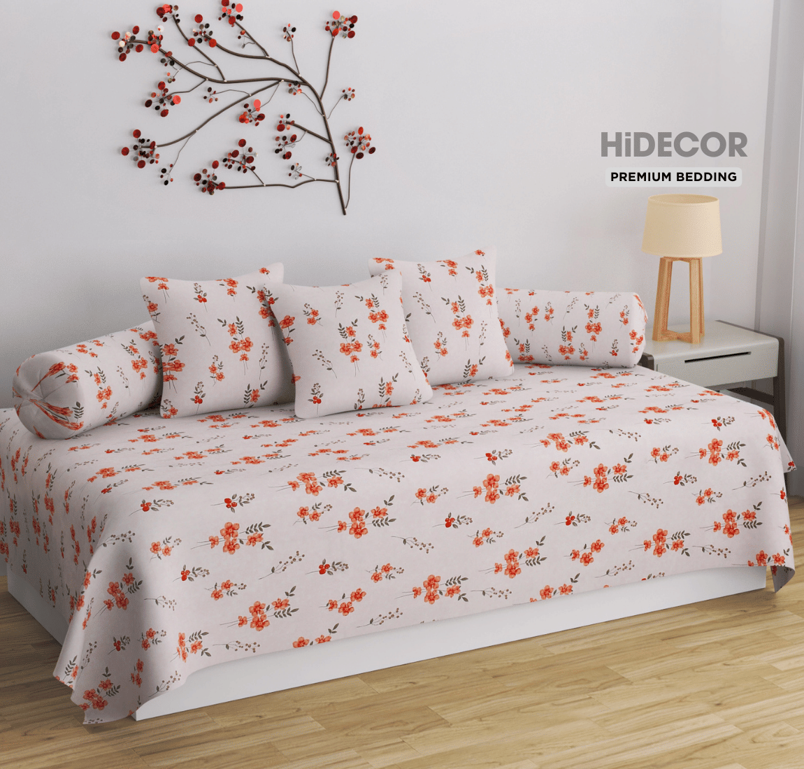 HIDECOR Microfibre Floral Diwan Set 6 Pcs - Peach HIDECOR Microfibre Floral Diwan Set 6 Pcs - Peach