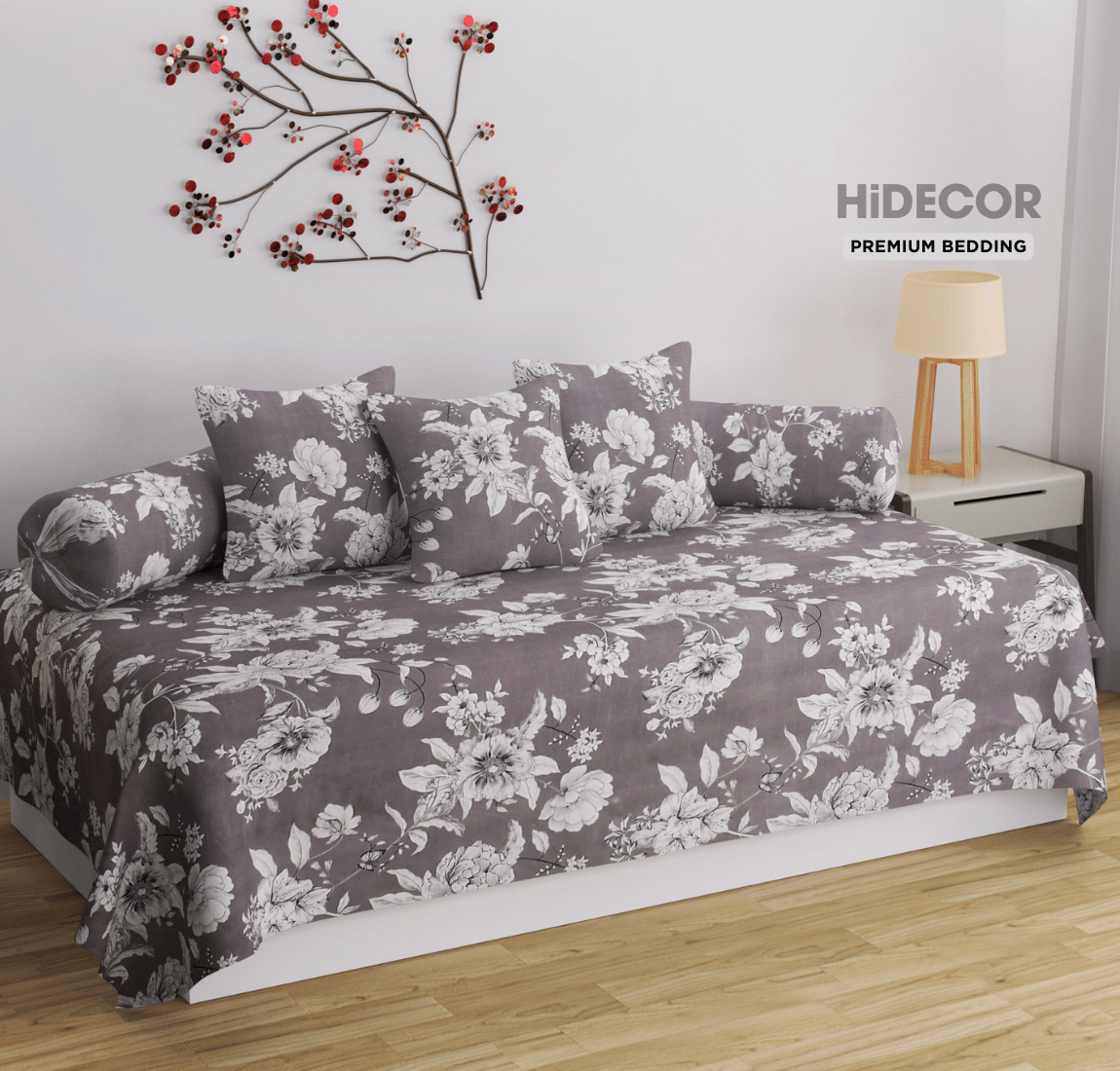 HIDECOR Microfibre Floral Diwan Set 6 Pcs - Gray HIDECOR Microfibre Floral Diwan Set 6 Pcs - Gray