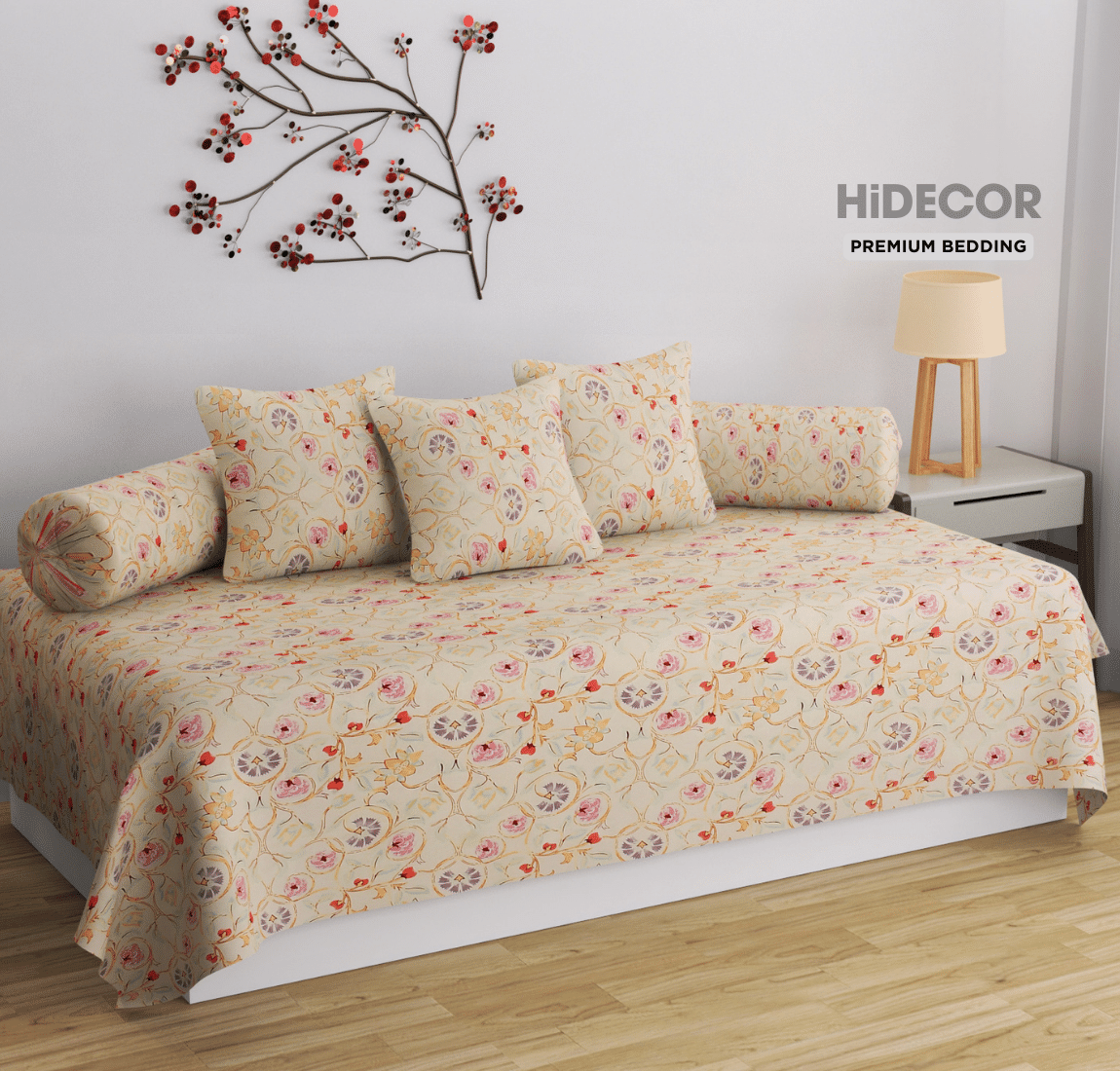     			HIDECOR Microfibre Floral Diwan Set 6 Pcs - White
