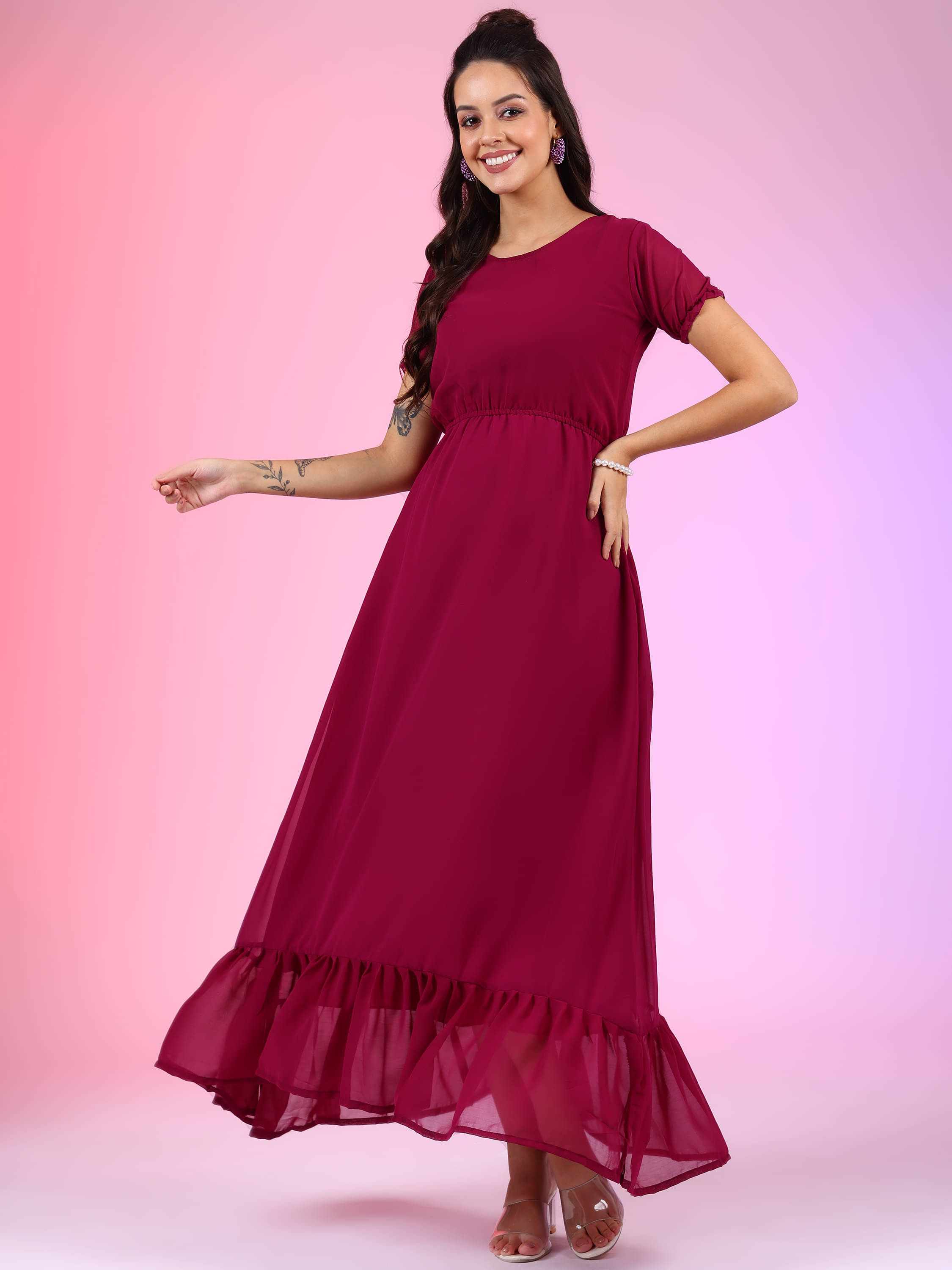     			JASH CREATION Women Georgette Solid Fit & Flare Dress ( Purple )