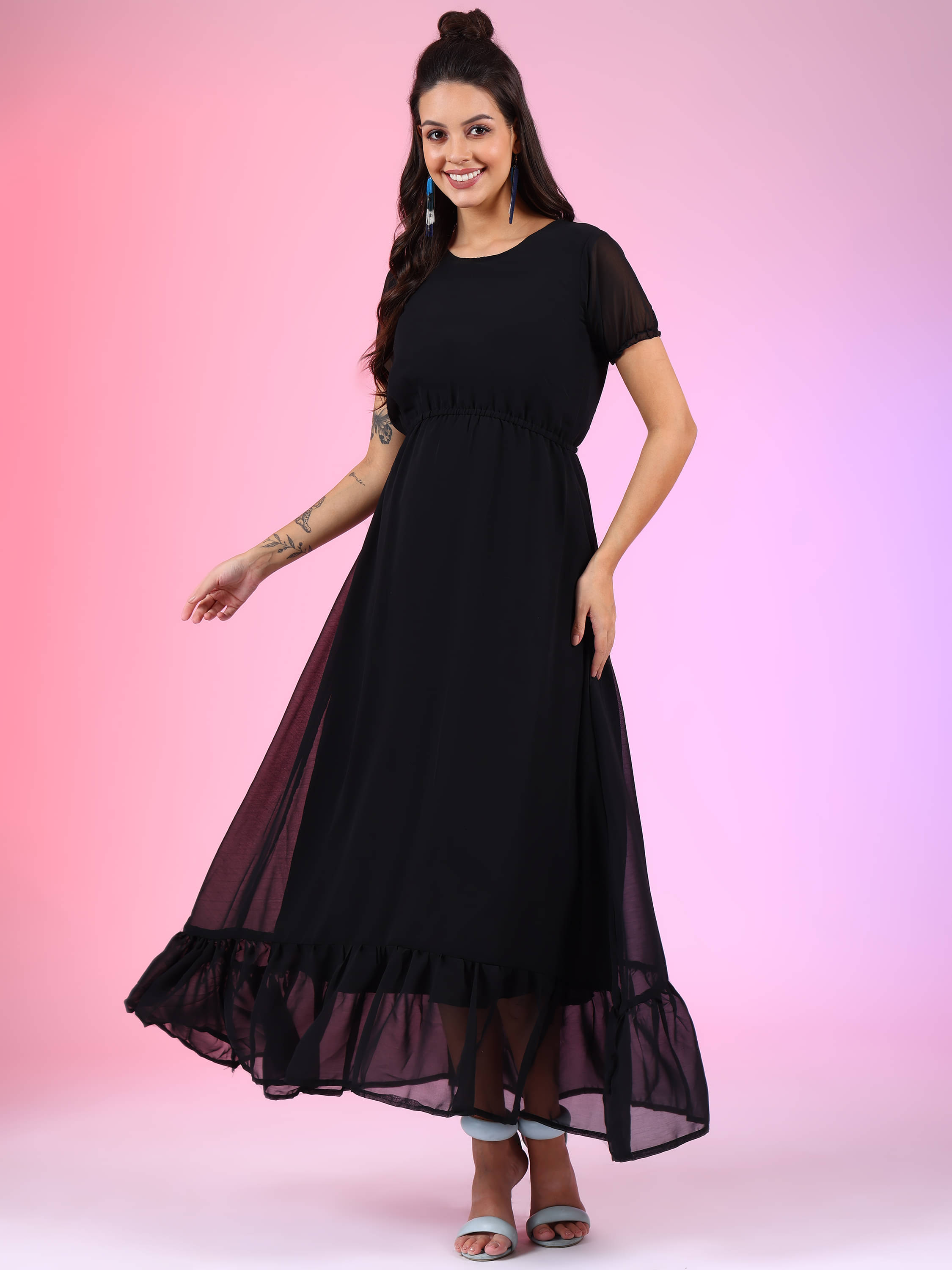 JASH CREATION Women Georgette Printed Fit & Flare Dress ( Black ) JASH CREATION Women Georgette Printed Fit & Flare Dress ( Black )