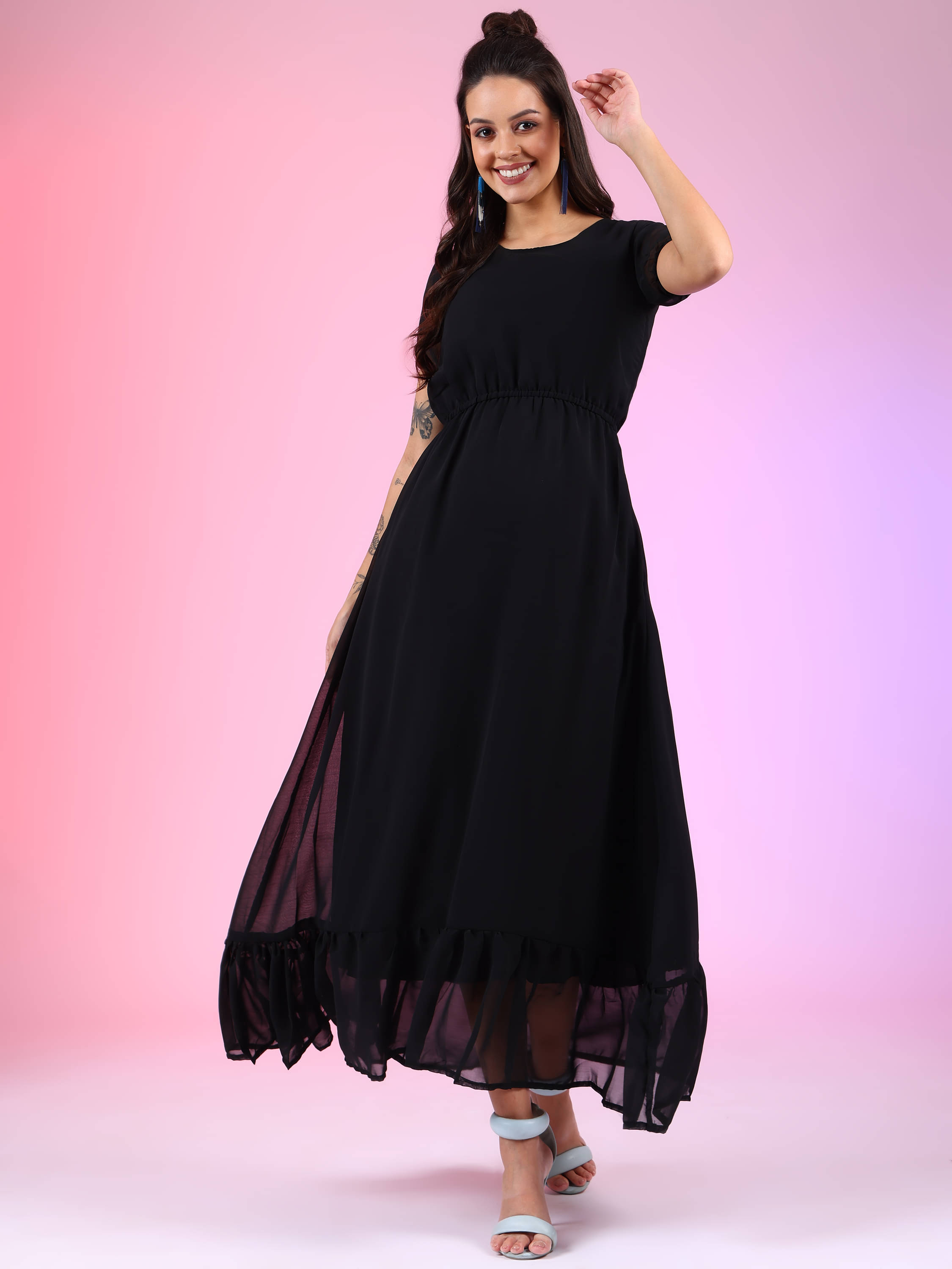 JASH CREATION Women Georgette Solid Fit & Flare Dress ( Black ) JASH CREATION Women Georgette Solid Fit & Flare Dress ( Black )