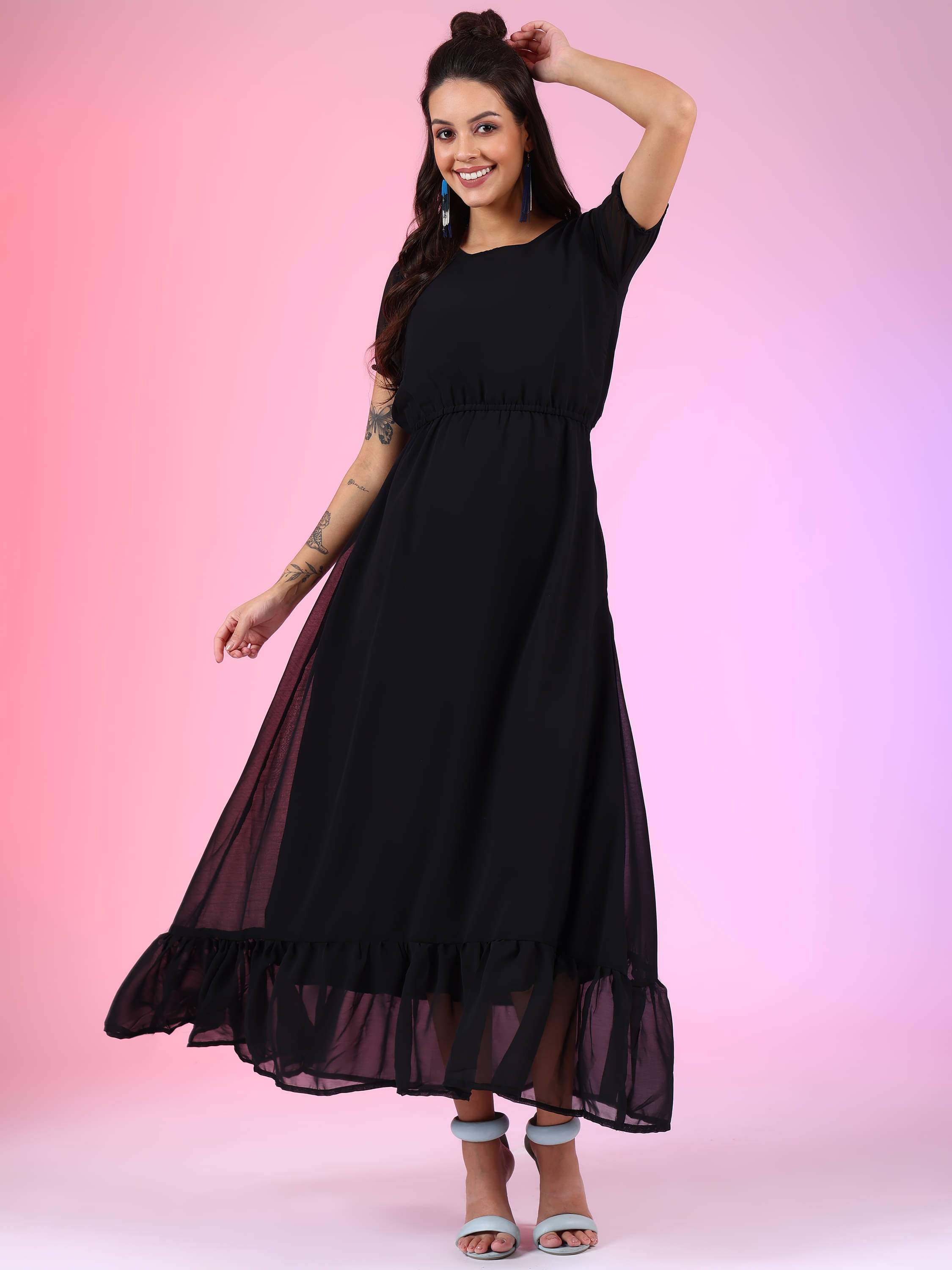 JASH CREATION Women Georgette Solid Fit & Flare Dress ( Black ) JASH CREATION Women Georgette Solid Fit & Flare Dress ( Black )