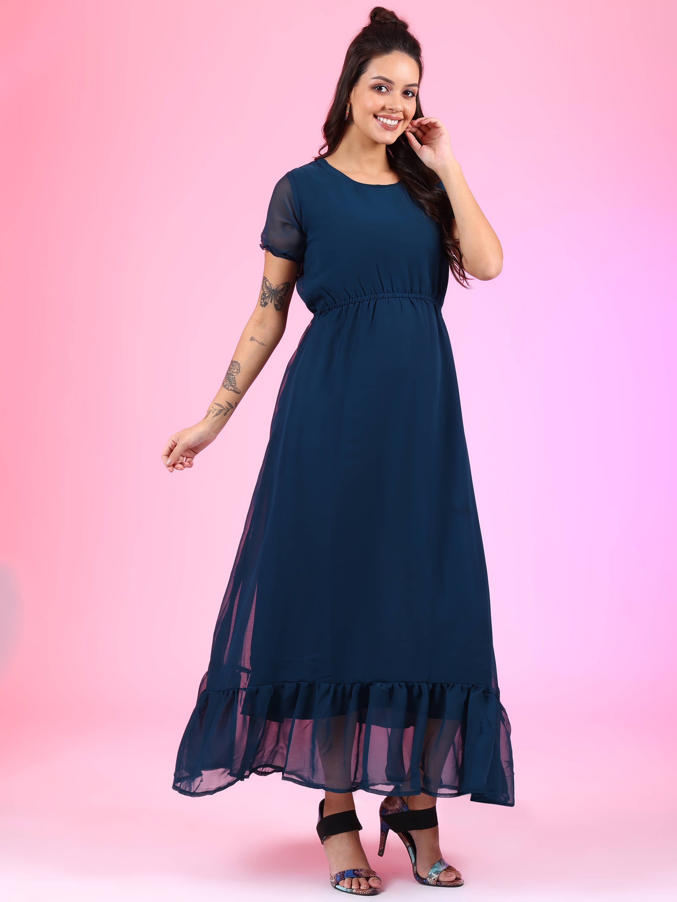 JASH CREATION Women Georgette Solid Fit & Flare Dress ( Blue ) JASH CREATION Women Georgette Solid Fit & Flare Dress ( Blue )