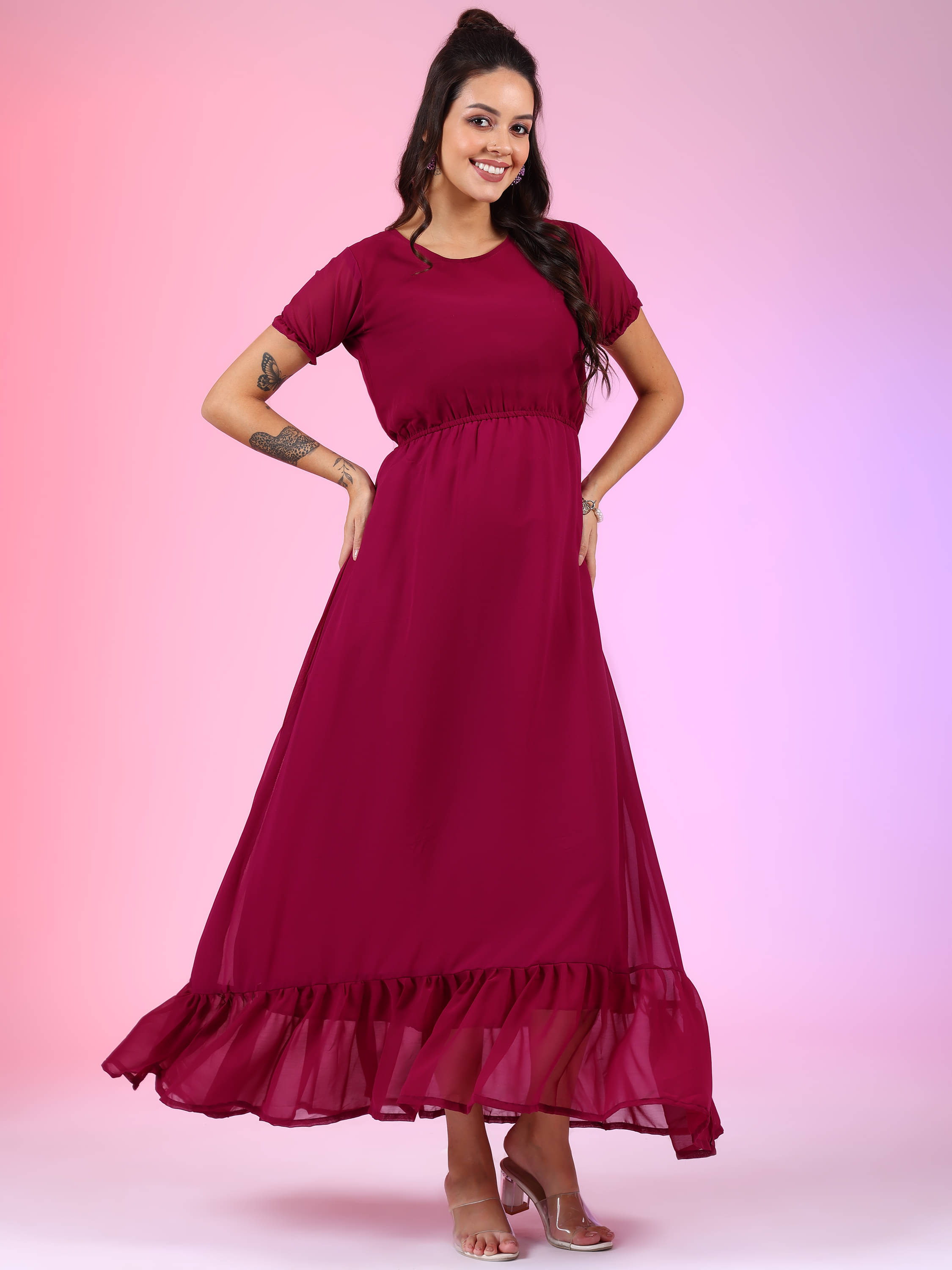     			JASH CREATION Women Georgette Solid Fit & Flare Dress ( Purple )