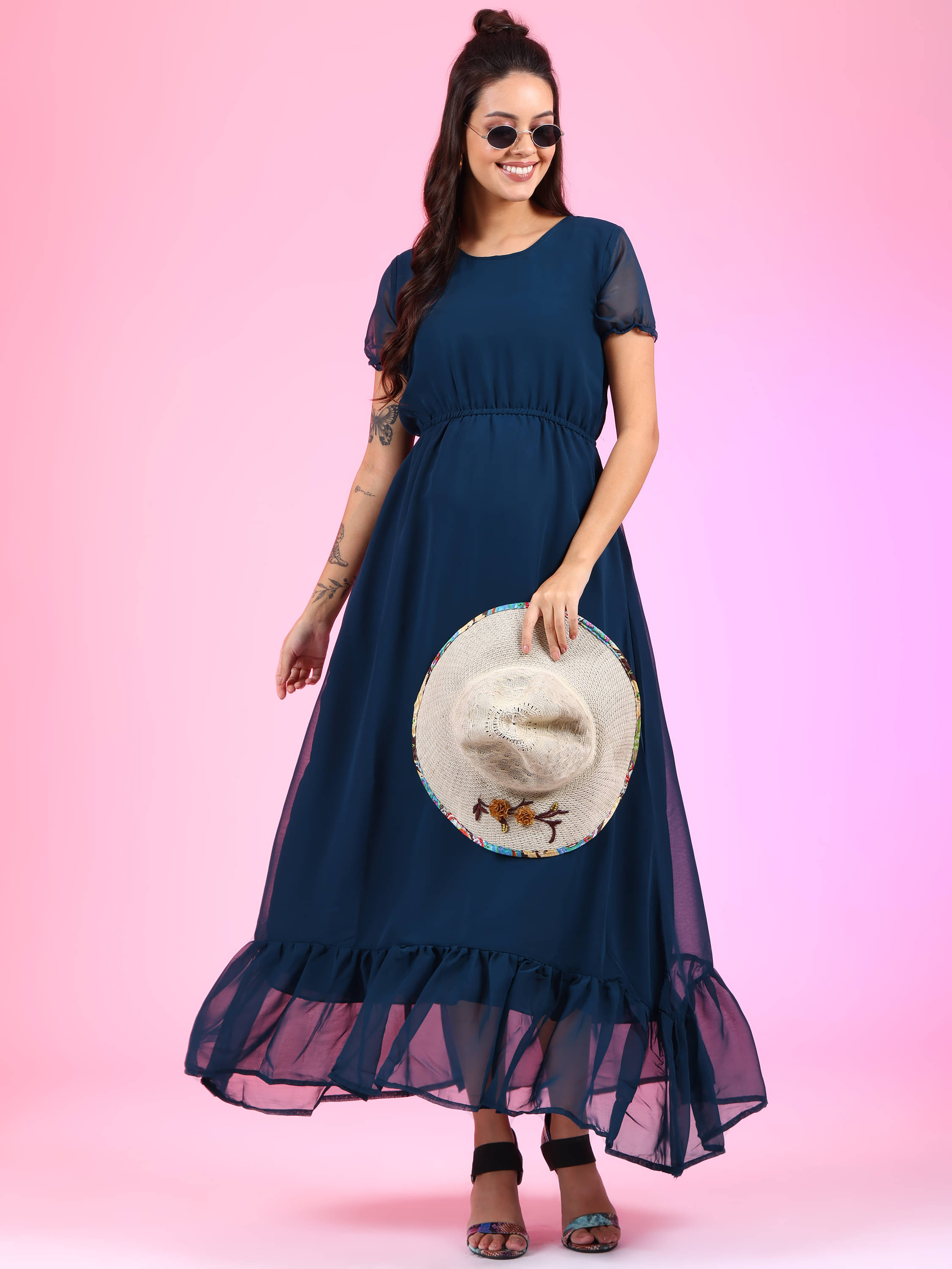JASH CREATION Women Georgette Solid Fit & Flare Dress ( Blue ) JASH CREATION Women Georgette Solid Fit & Flare Dress ( Blue )