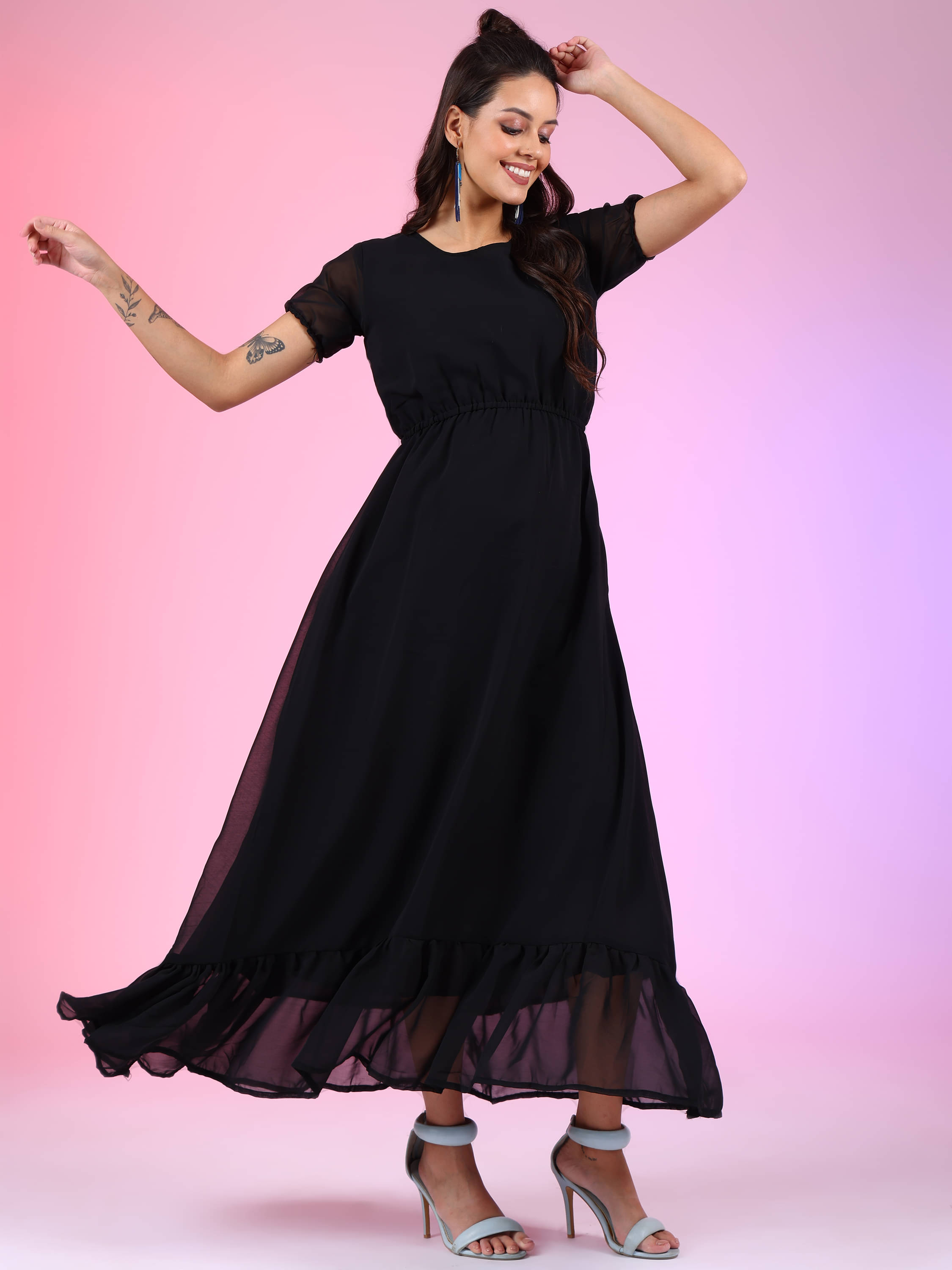 JASH CREATION Women Georgette Solid Fit & Flare Dress ( Black ) JASH CREATION Women Georgette Solid Fit & Flare Dress ( Black )