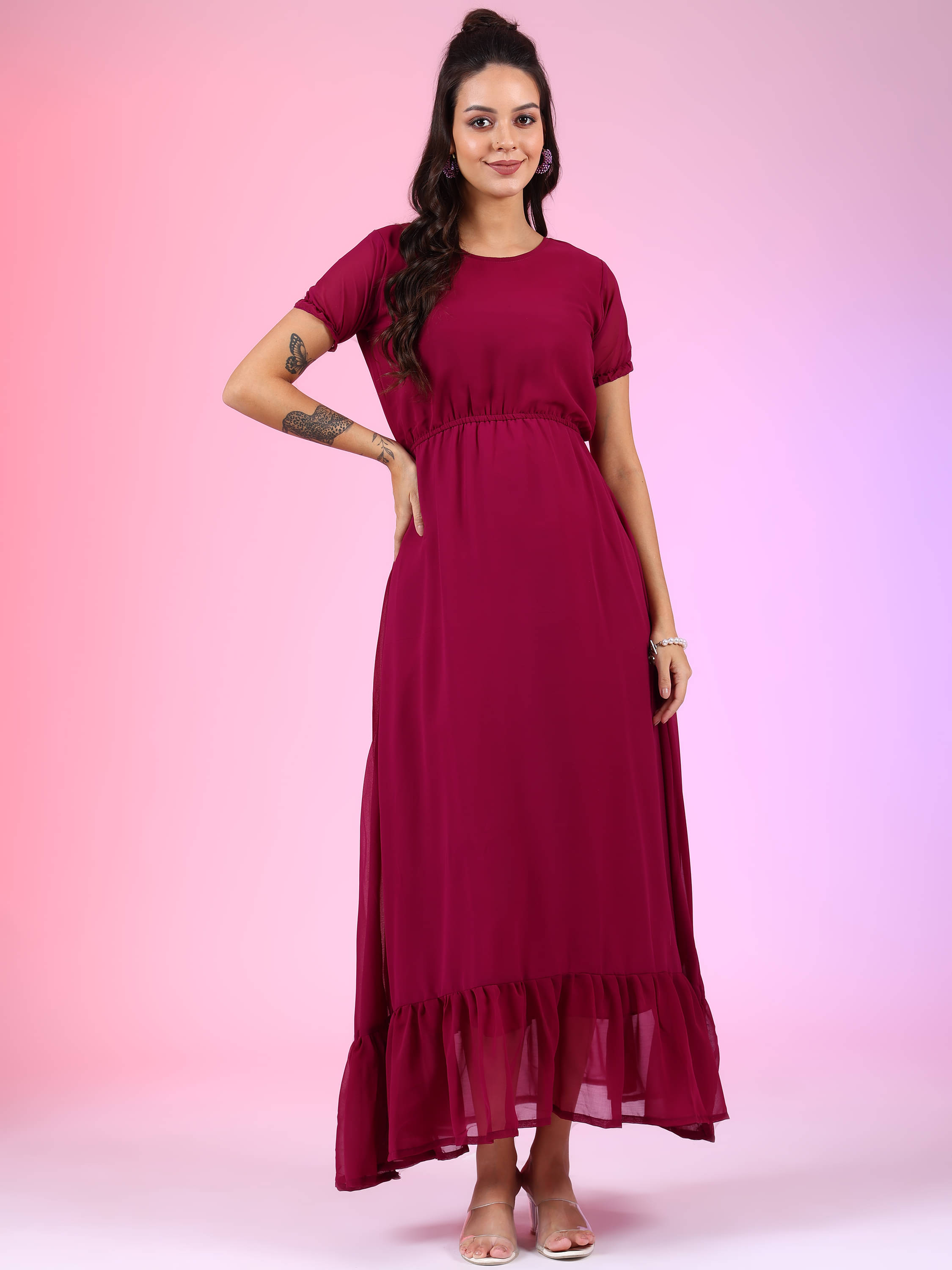     			JASH CREATION Women Georgette Printed Fit & Flare Dress ( Purple )