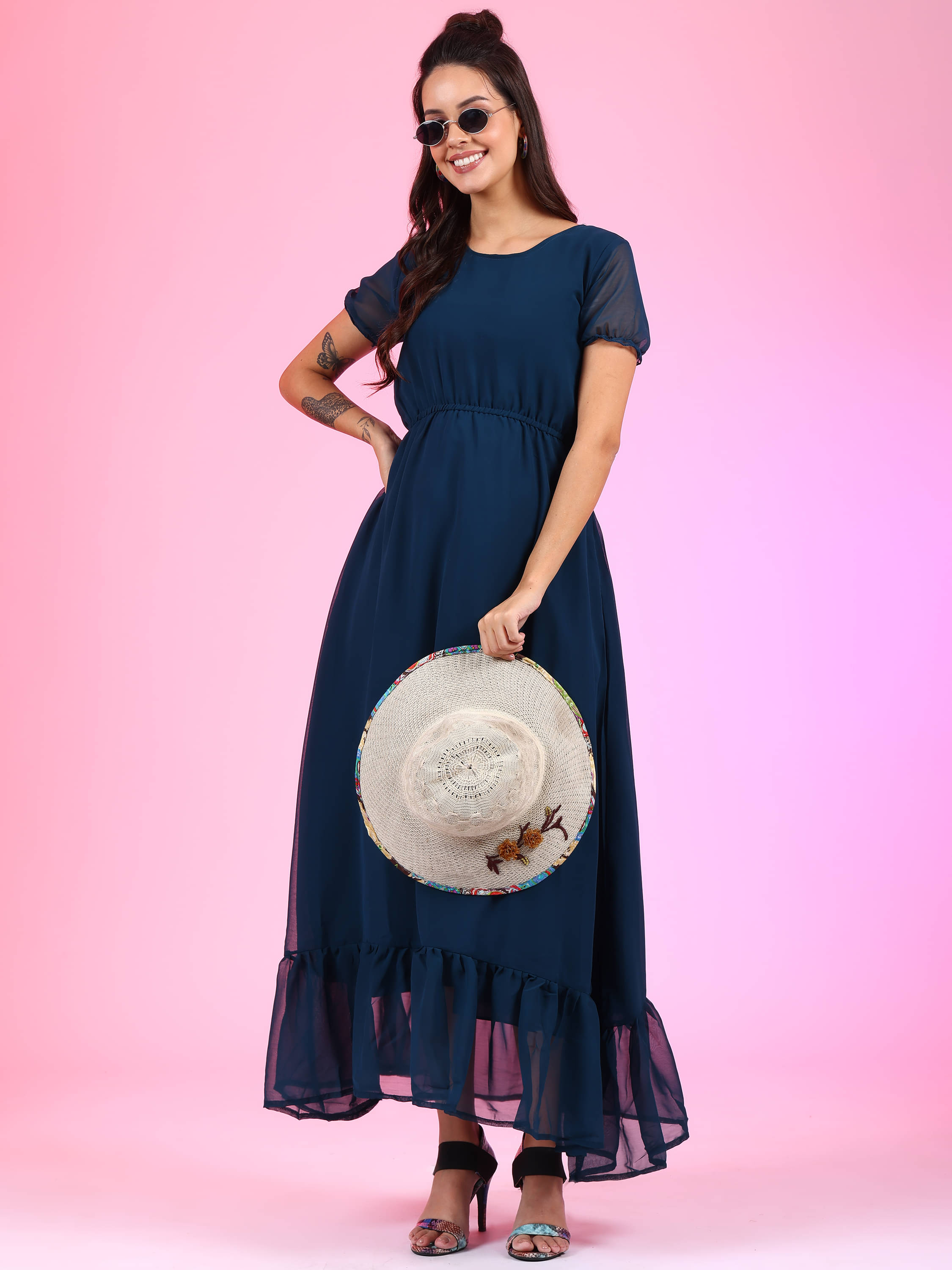 JASH CREATION Women Georgette Solid Fit & Flare Dress ( Blue ) JASH CREATION Women Georgette Solid Fit & Flare Dress ( Blue )