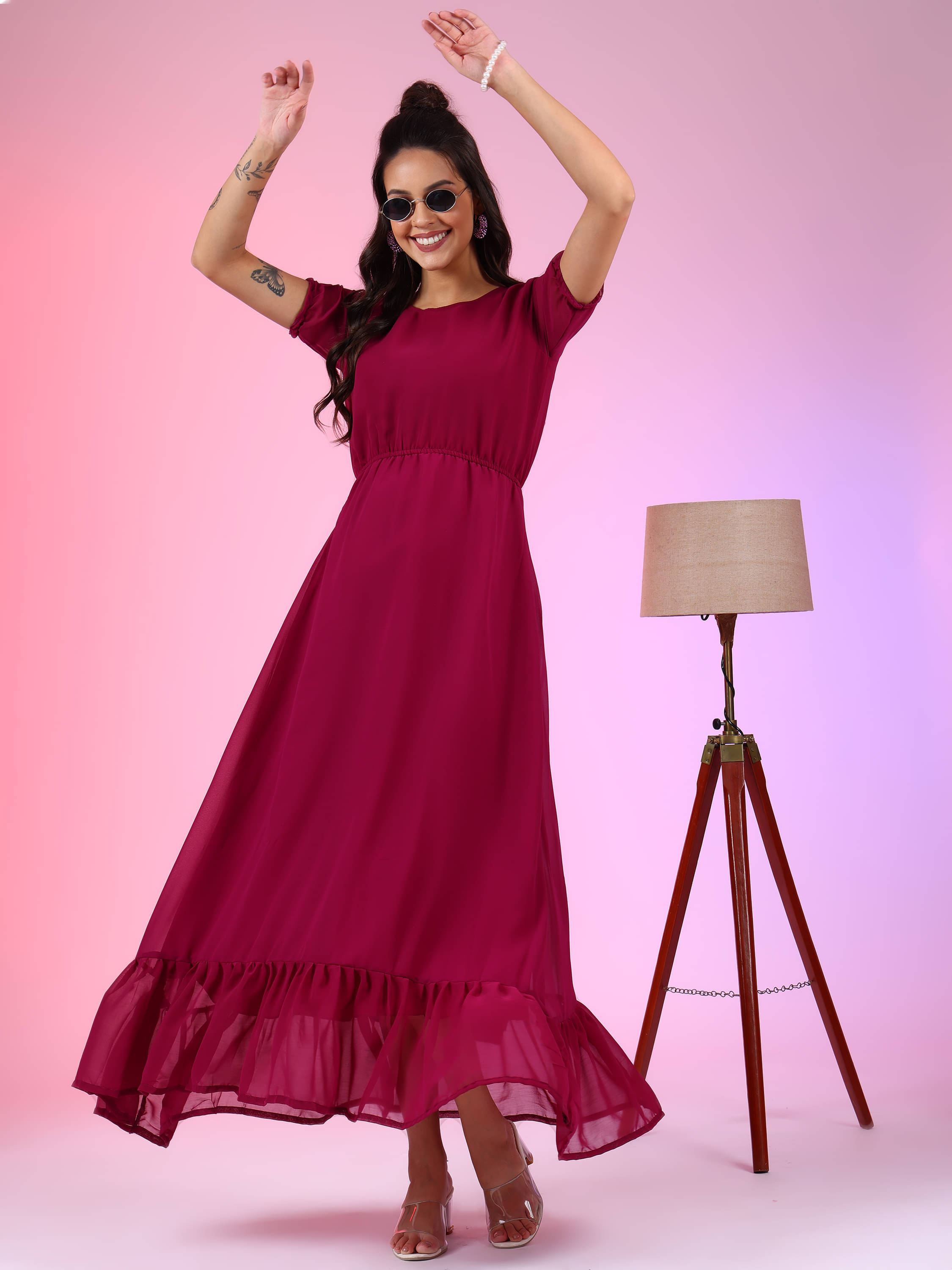 JASH CREATION Women Georgette Solid Fit & Flare Dress ( Purple ) JASH CREATION Women Georgette Solid Fit & Flare Dress ( Purple )