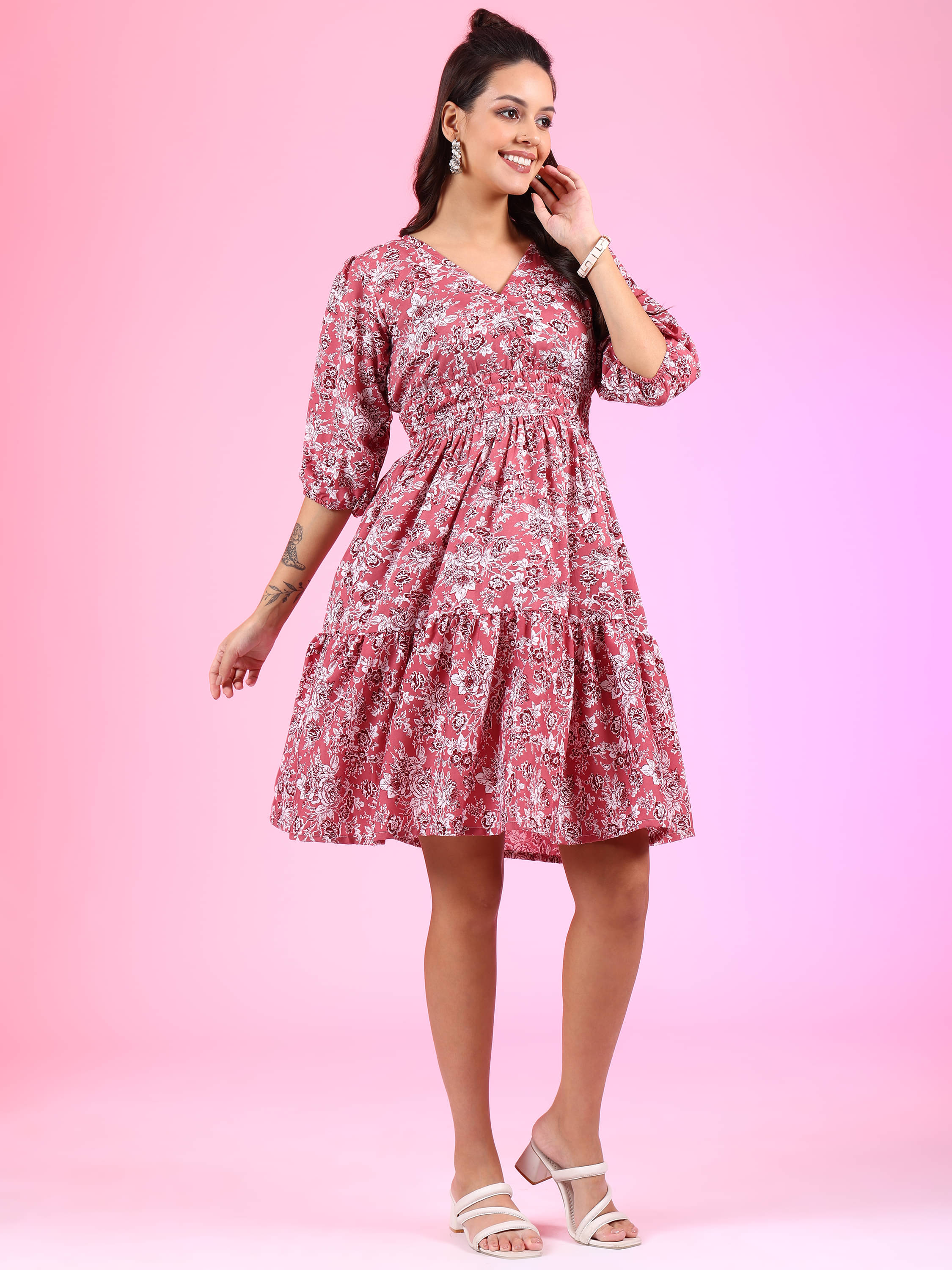     			JASH CREATION Women Polyester Printed Fit & Flare Dress ( Pink )