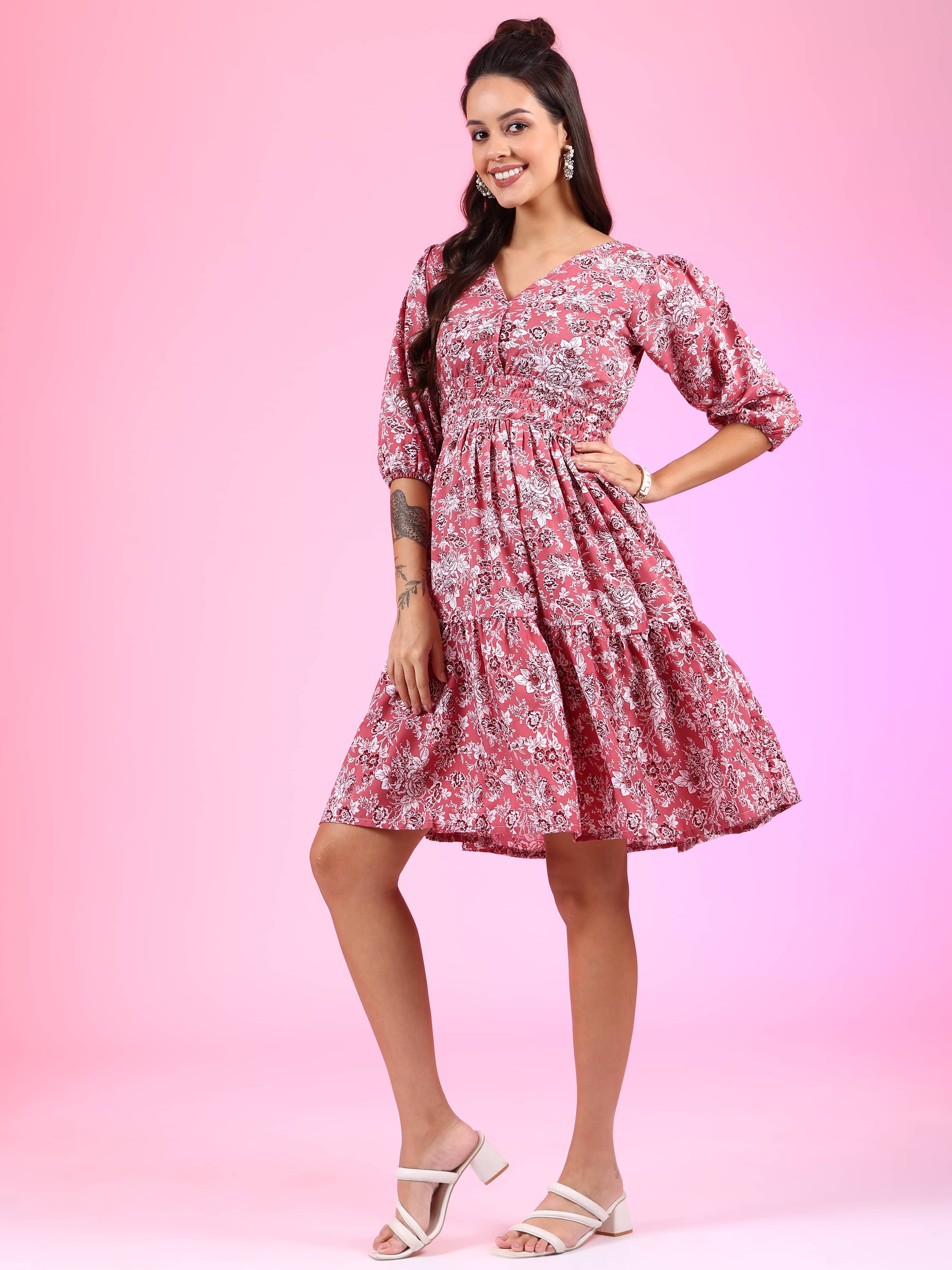JASH CREATION Polyester Printed Above Knee Women's Fit & Flare Dress - Pink ( Pack of 1 ) JASH CREATION Polyester Printed Above Knee Women's Fit & Flare Dress - Pink ( Pack of 1 )