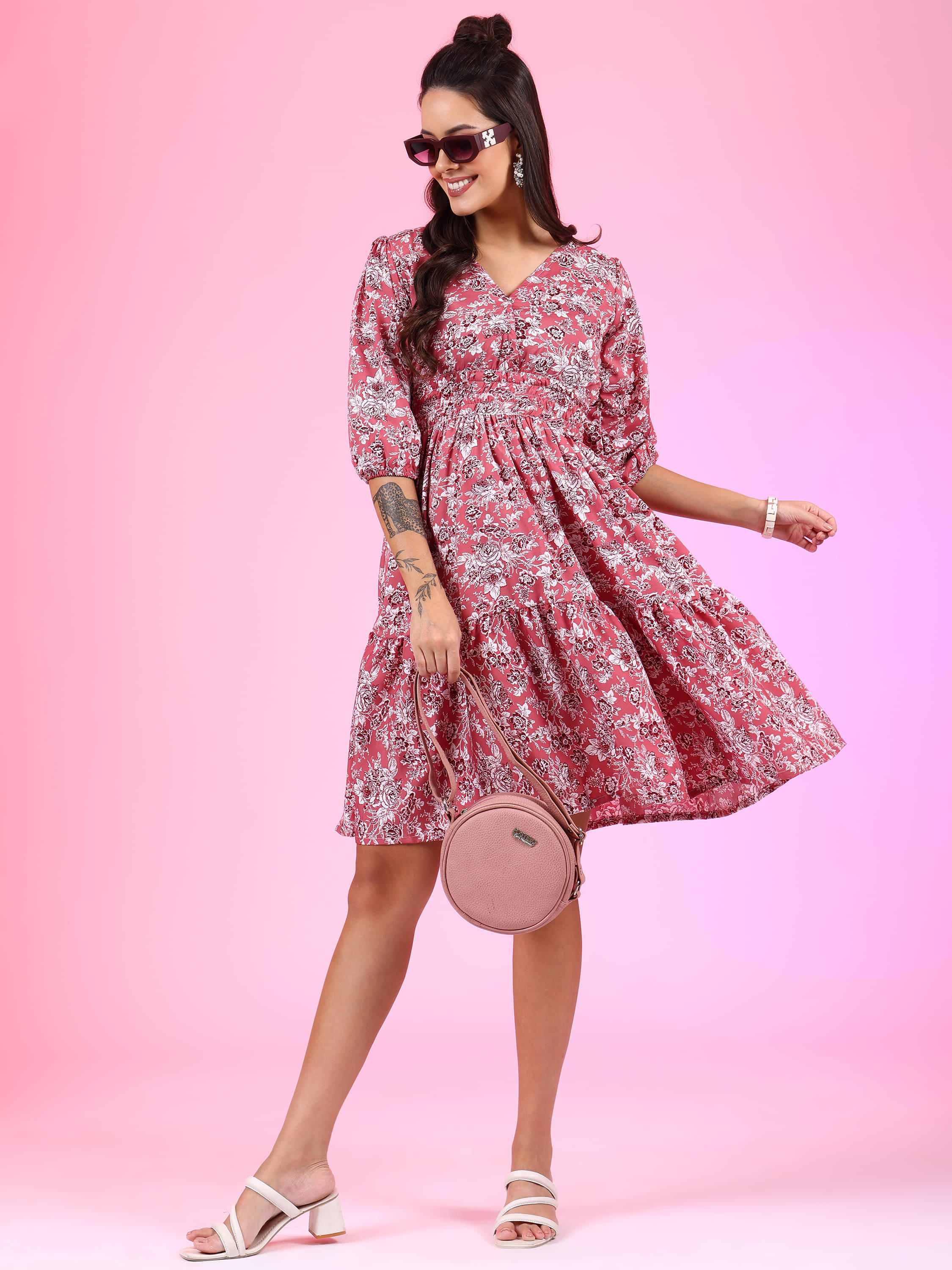 JASH CREATION Women Polyester Printed Fit & Flare Dress ( Pink ) JASH CREATION Women Polyester Printed Fit & Flare Dress ( Pink )