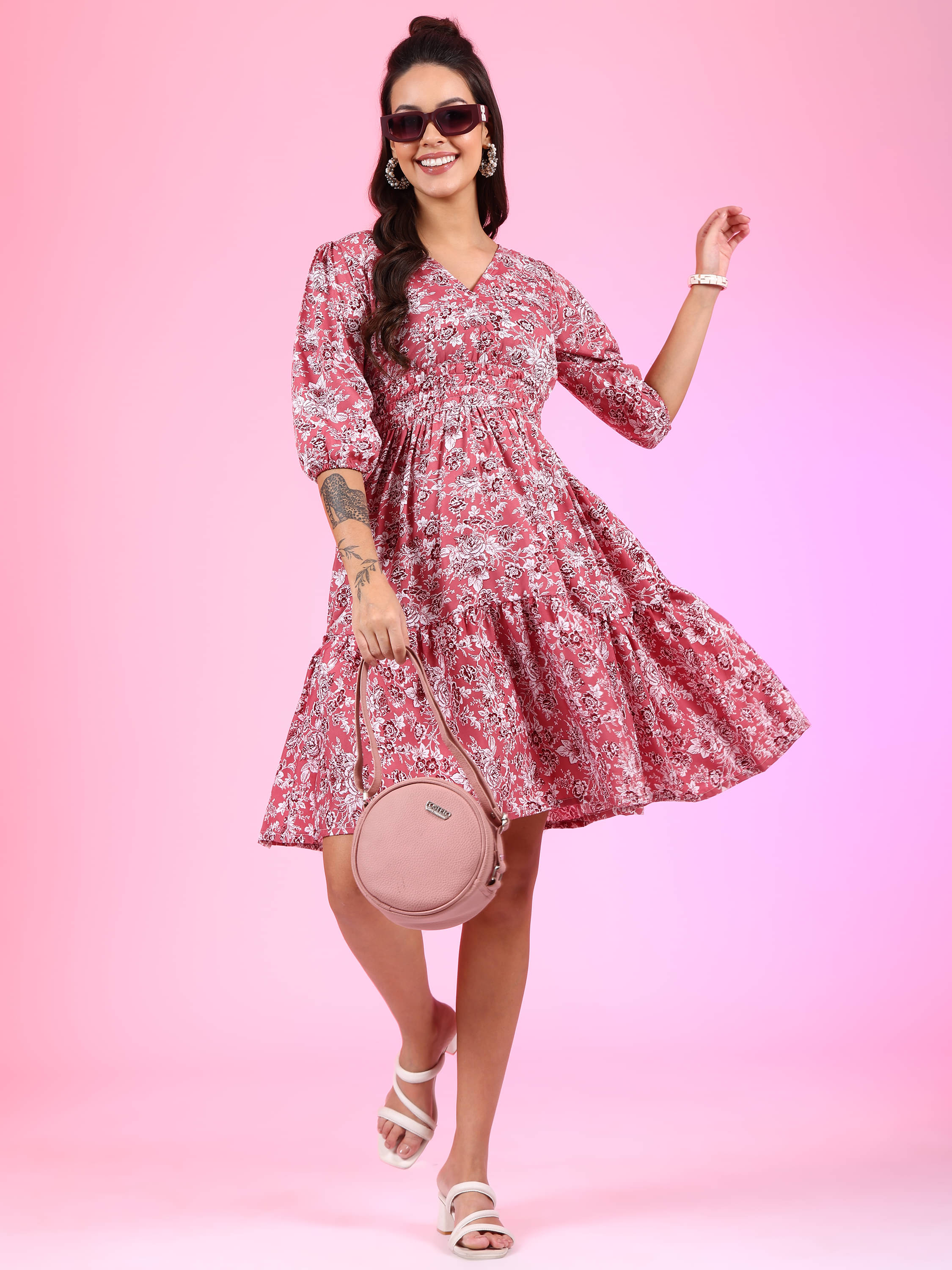 JASH CREATION Women Polyester Printed Fit & Flare Dress ( Pink ) JASH CREATION Women Polyester Printed Fit & Flare Dress ( Pink )