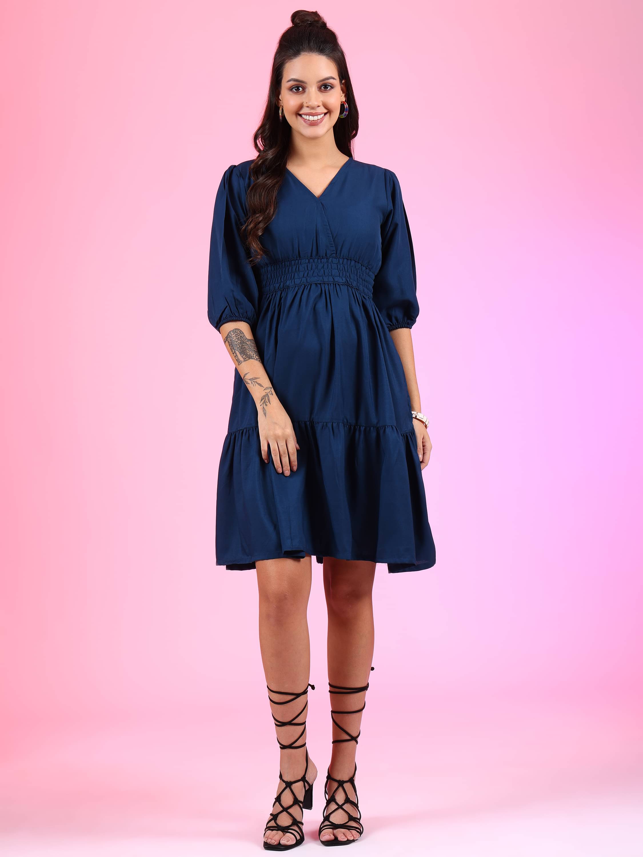 JASH CREATION Polyester Solid Above Knee Women's Fit & Flare Dress - Blue ( Pack of 1 ) JASH CREATION Polyester Solid Above Knee Women's Fit & Flare Dress - Blue ( Pack of 1 )