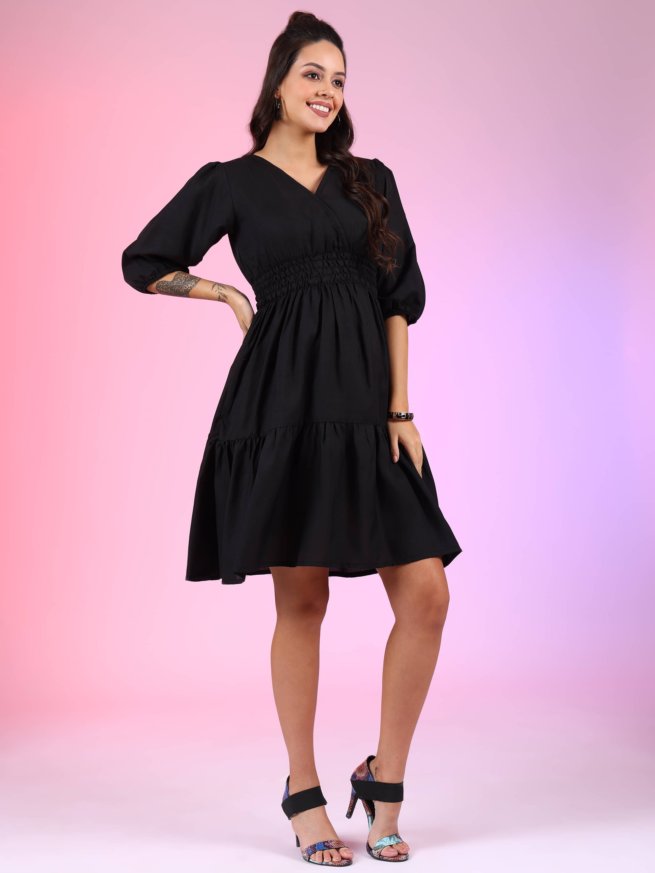 JASH CREATION Women Polyester Printed Fit & Flare Dress ( Black ) JASH CREATION Women Polyester Printed Fit & Flare Dress ( Black )