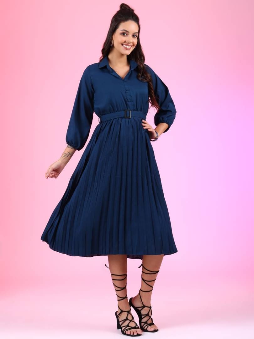 JASH CREATION Polyester Solid Midi Women's Fit & Flare Dress - Blue ( Pack of 1 ) JASH CREATION Polyester Solid Midi Women's Fit & Flare Dress - Blue ( Pack of 1 )
