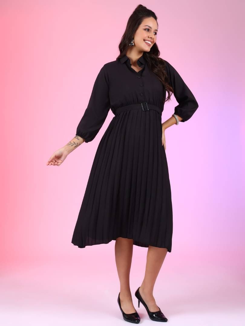 JASH CREATION Polyester Solid Midi Women's Fit & Flare Dress - Black ( Pack of 1 ) JASH CREATION Polyester Solid Midi Women's Fit & Flare Dress - Black ( Pack of 1 )