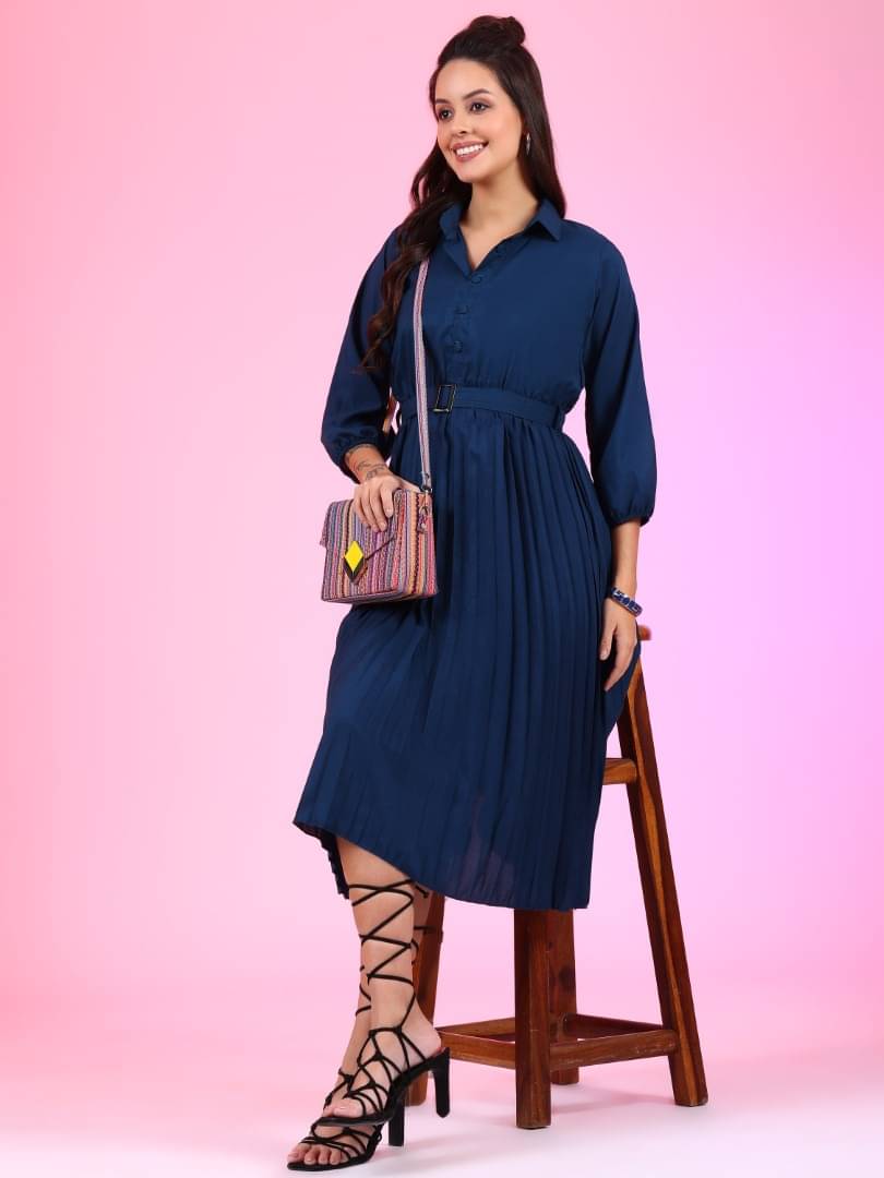 JASH CREATION Polyester Solid Midi Women's Fit & Flare Dress - Blue ( Pack of 1 ) JASH CREATION Polyester Solid Midi Women's Fit & Flare Dress - Blue ( Pack of 1 )