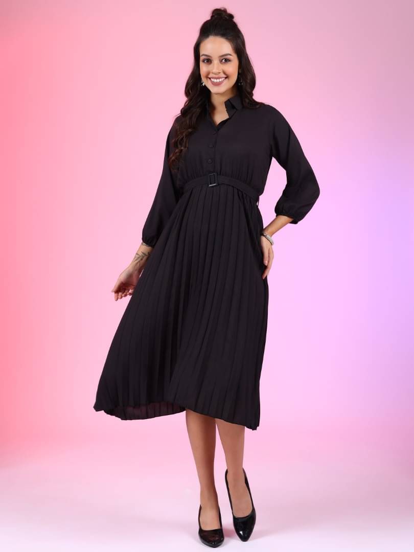 JASH CREATION Polyester Solid Midi Women's Fit & Flare Dress - Black ( Pack of 1 ) JASH CREATION Polyester Solid Midi Women's Fit & Flare Dress - Black ( Pack of 1 )